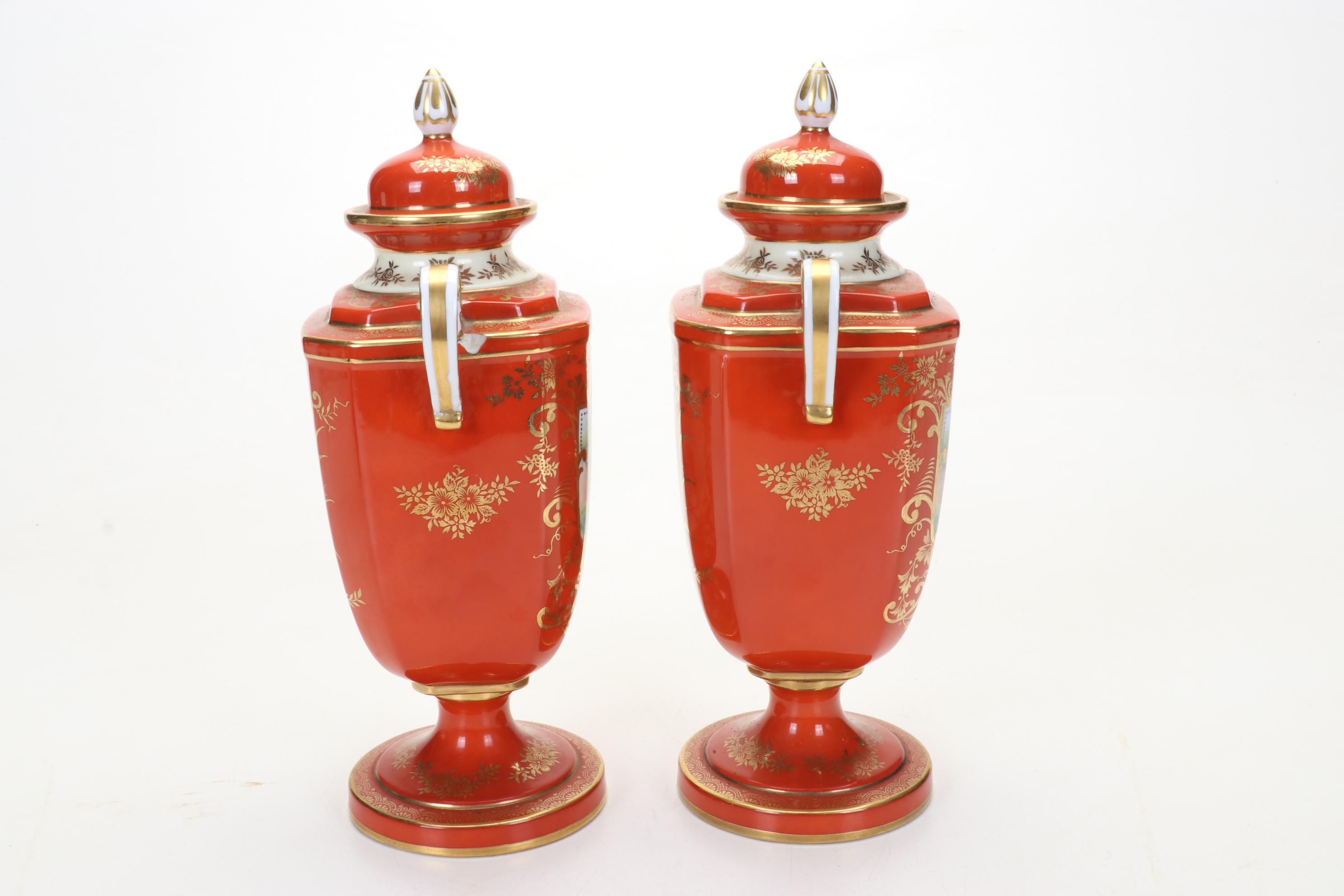 Pair of Noritake Morimura Brothers Hand-Painted Porcelain Urns, Early-Mid 20th C