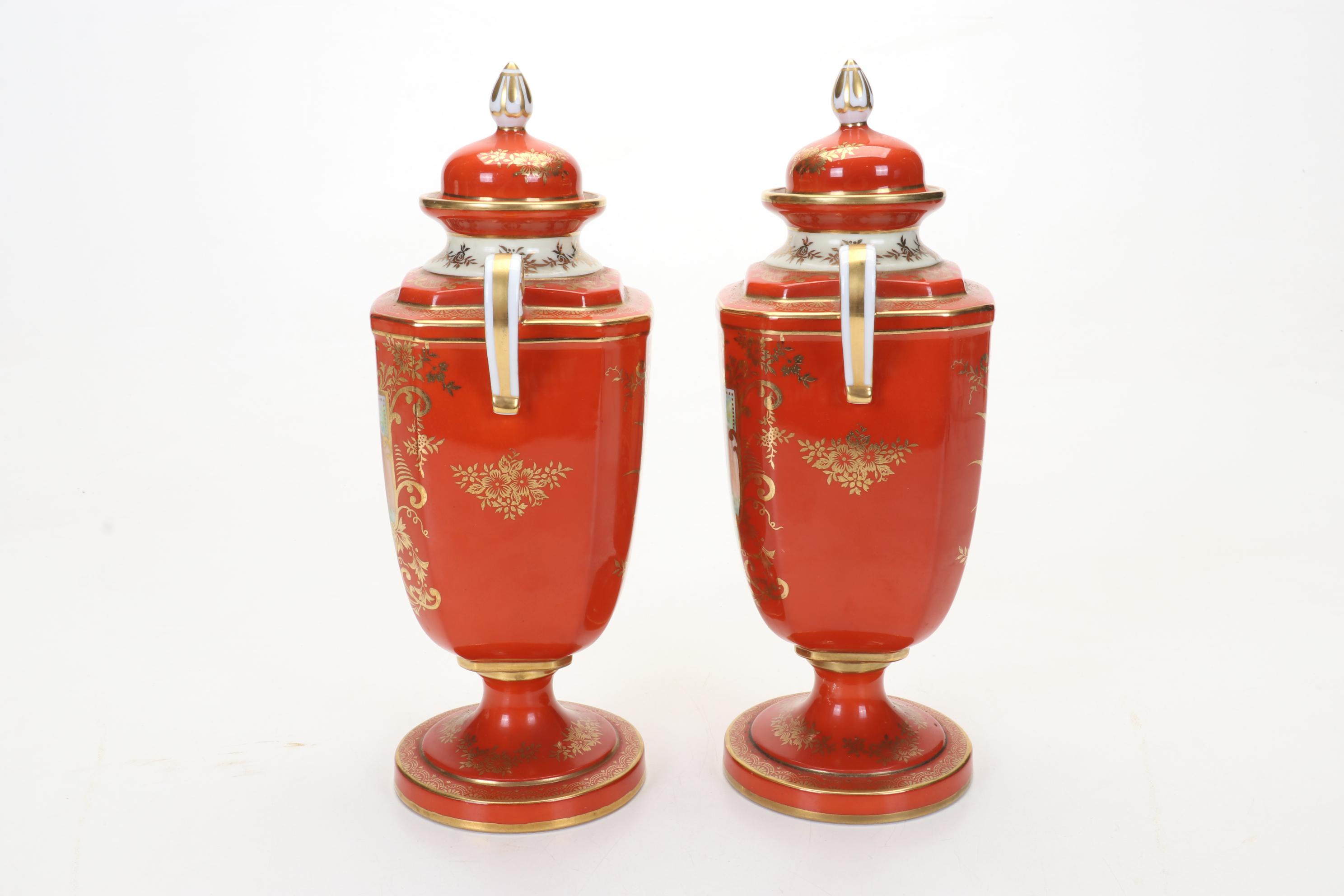 Pair of Noritake Morimura Brothers Hand-Painted Porcelain Urns, Early-Mid 20th C