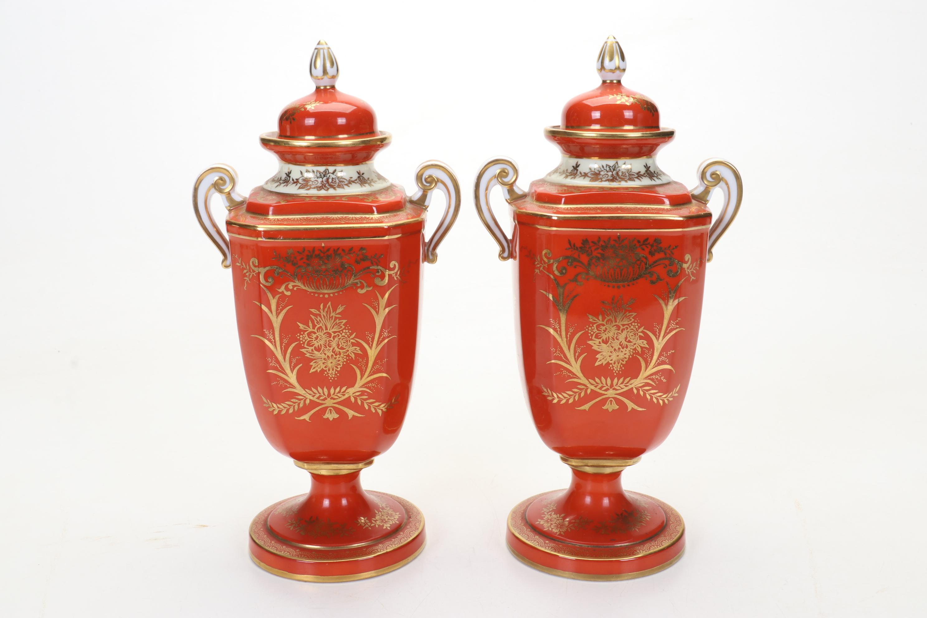 Pair of Noritake Morimura Brothers Hand-Painted Porcelain Urns, Early-Mid 20th C