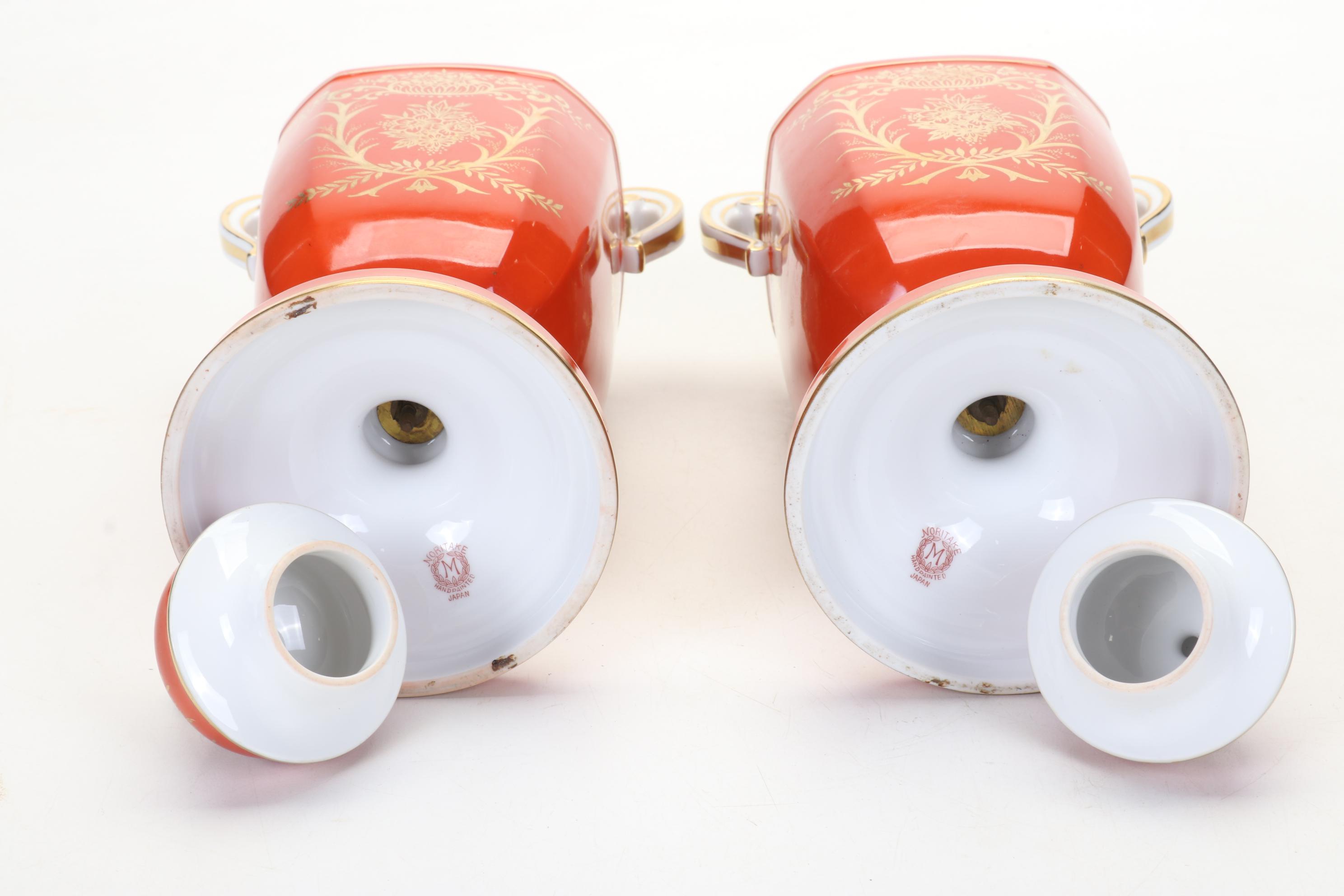 Pair of Noritake Morimura Brothers Hand-Painted Porcelain Urns, Early-Mid 20th C