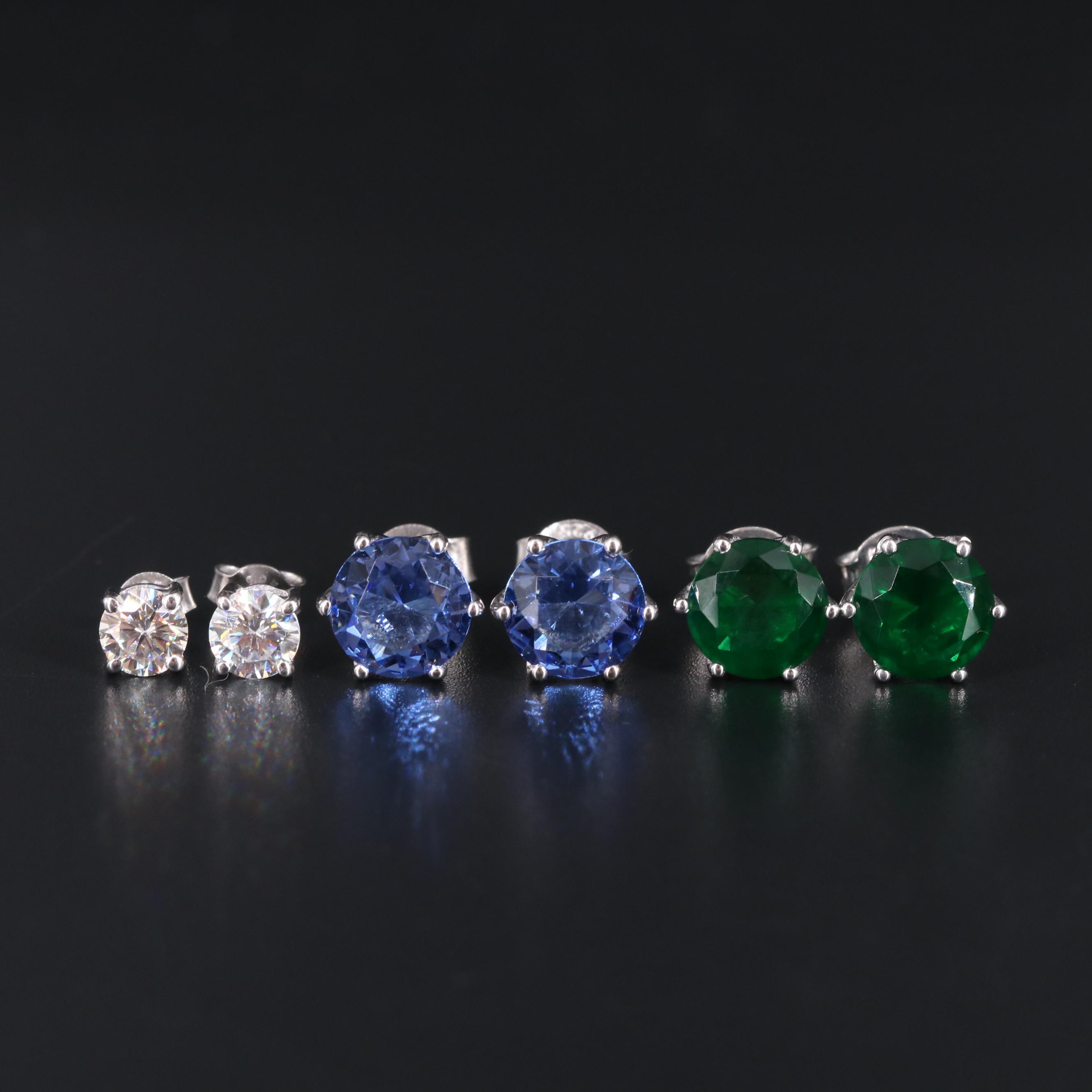 Sterling Silver Stud Earring Trio Including Emerald and Tanzanite
