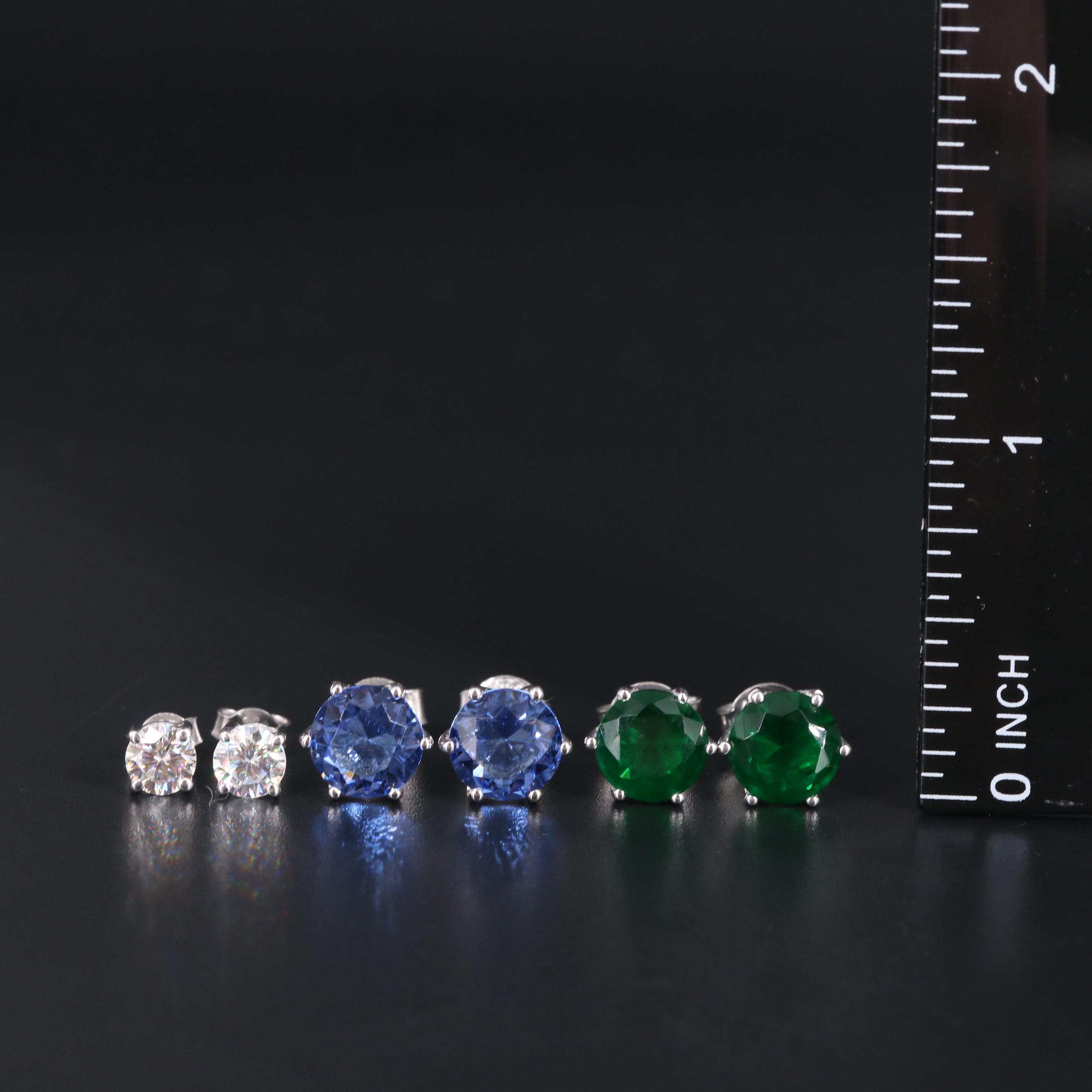 Sterling Silver Stud Earring Trio Including Emerald and Tanzanite
