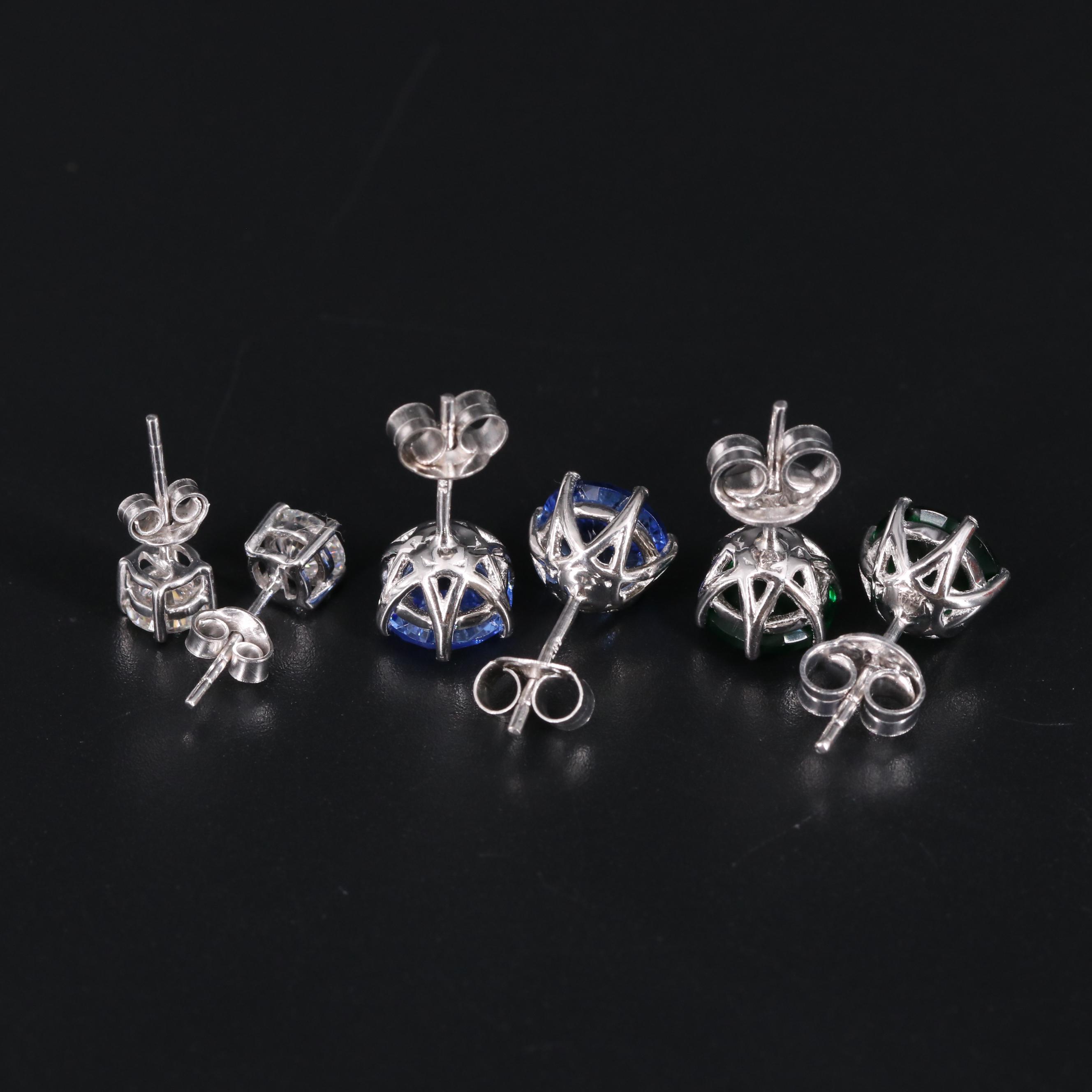 Sterling Silver Stud Earring Trio Including Emerald and Tanzanite