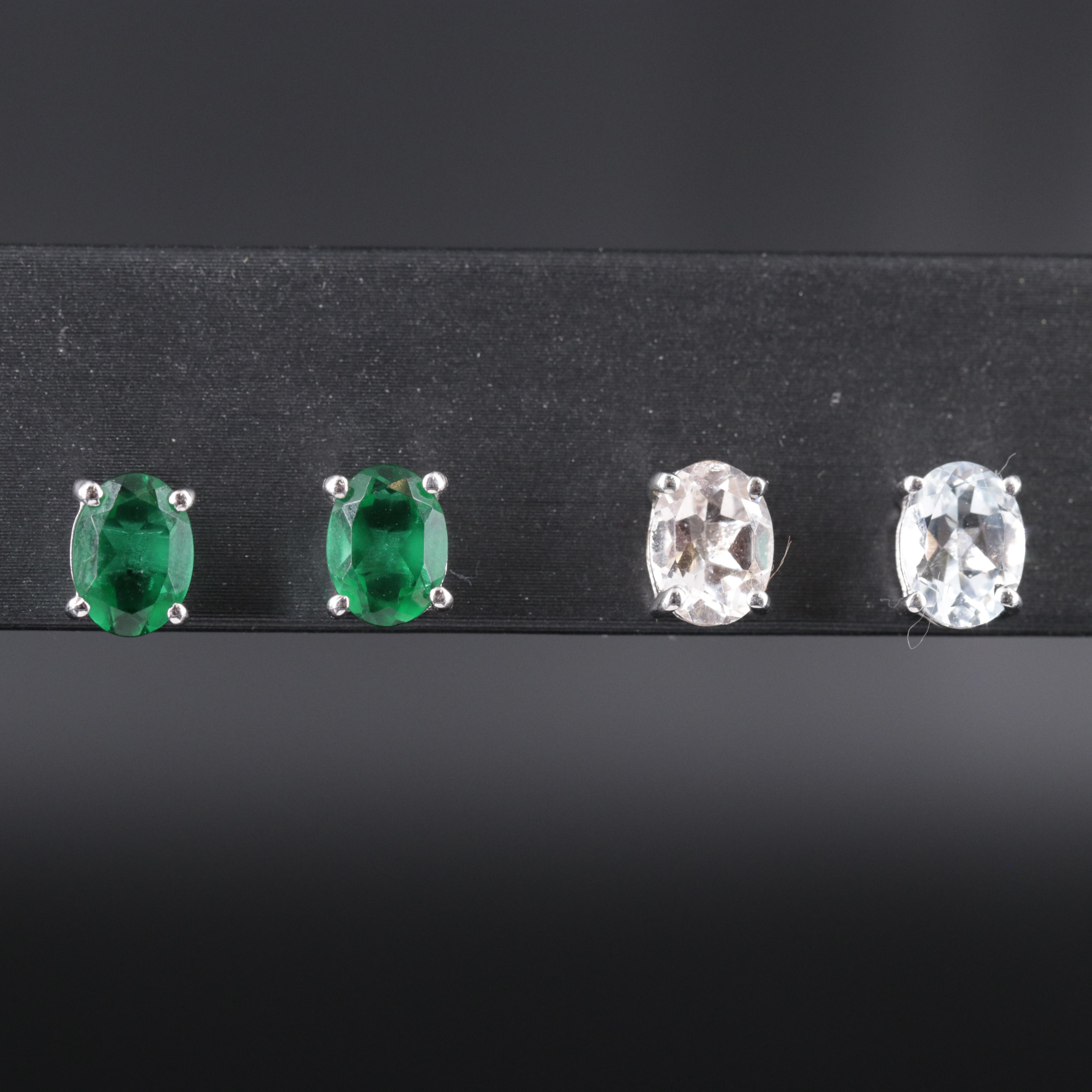 Sterling Silver Stud Earring Duo Including Emerald and Topaz