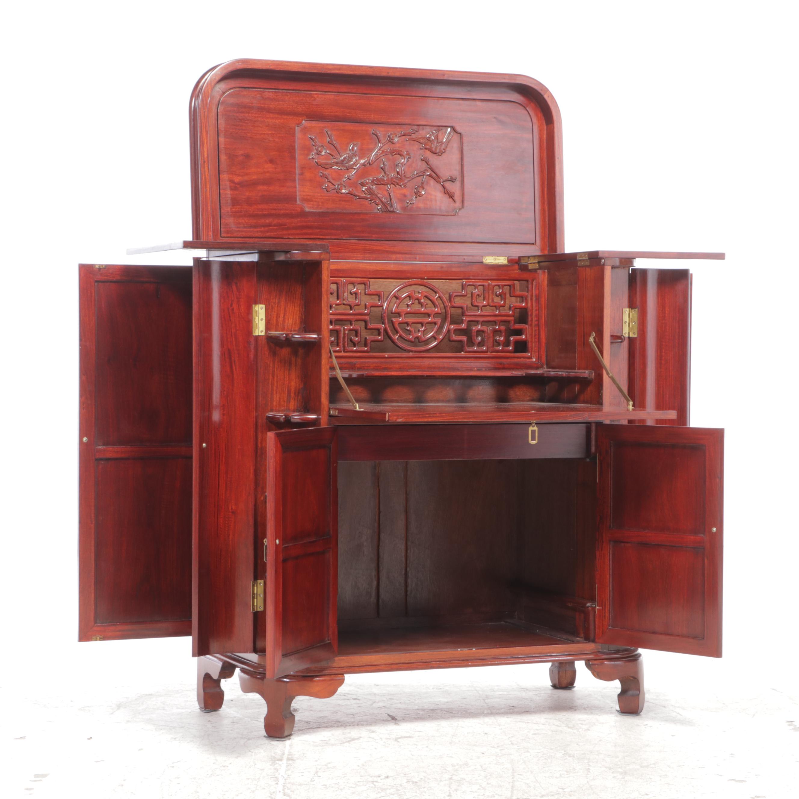 Chinese Carved Hardwood Dry Bar Cabinet