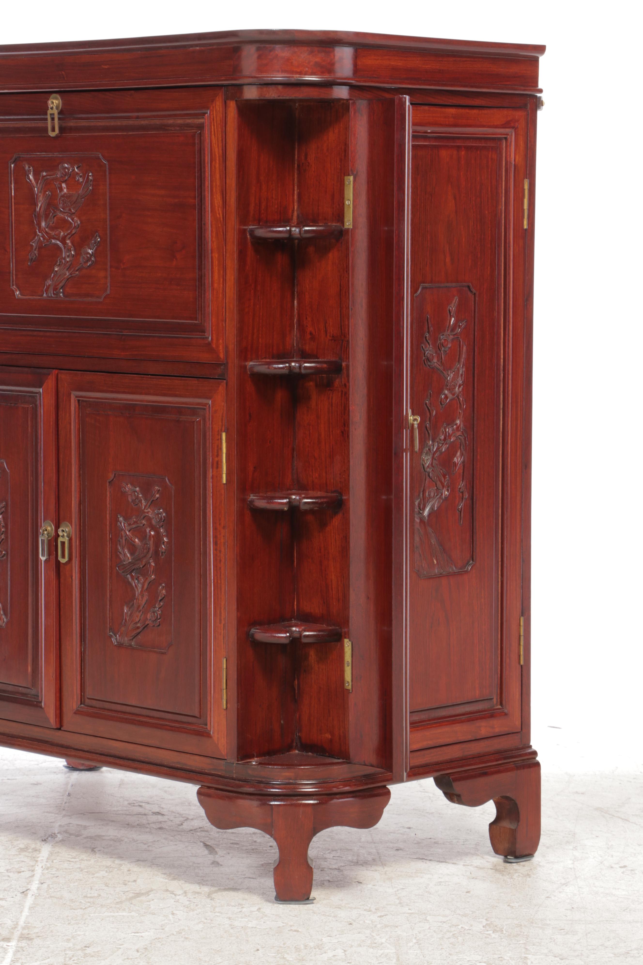 Chinese Carved Hardwood Dry Bar Cabinet