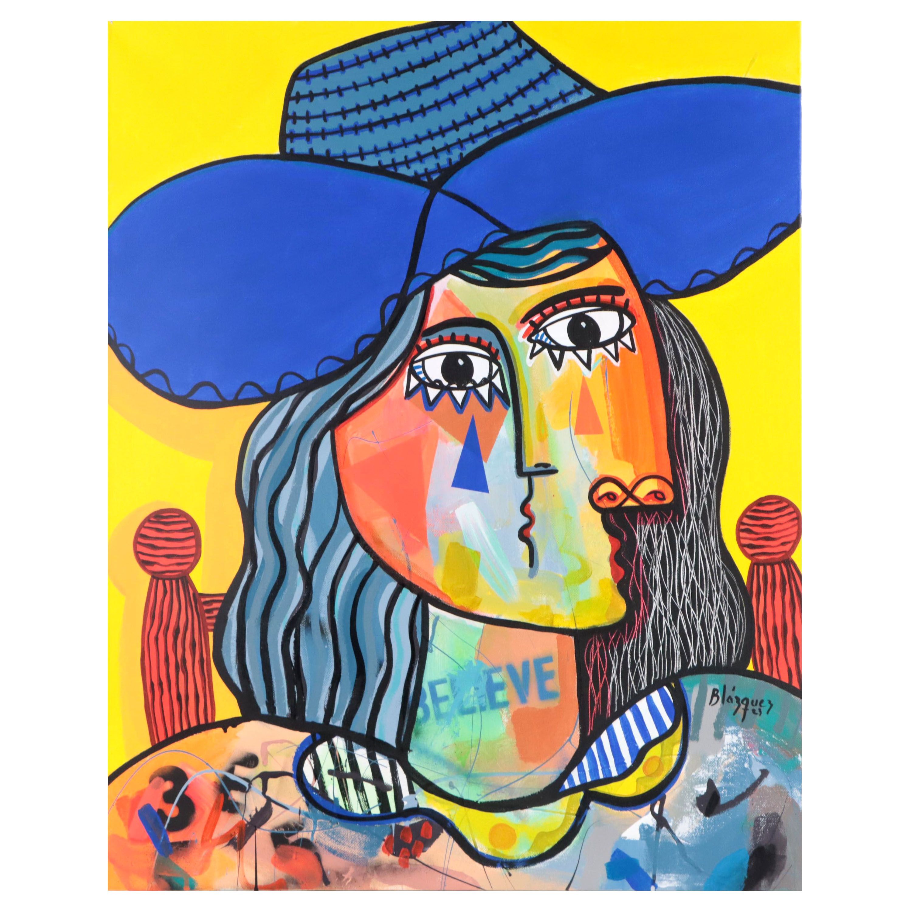 Michel Blázquez Mixed Media Painting "Woman With Big Blue Hat," 2023