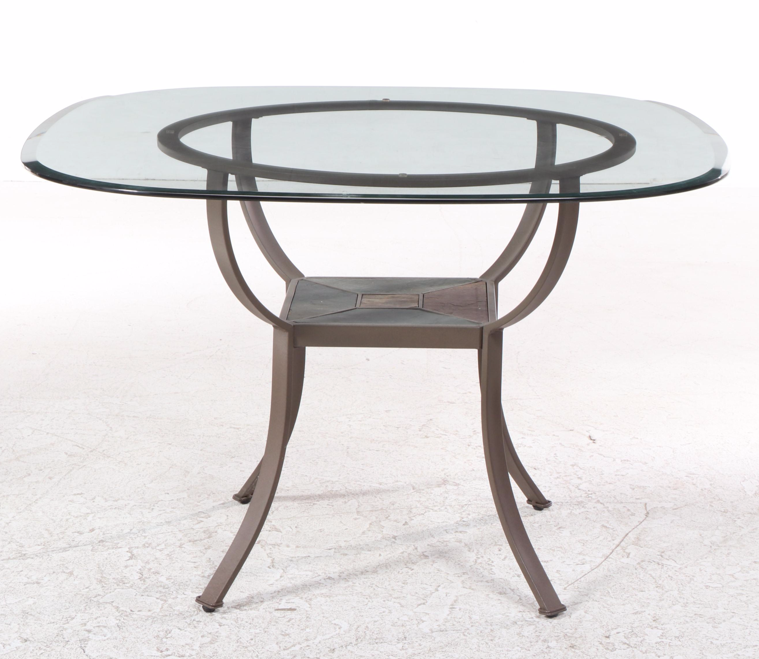Contemporary Stone-Inlaid Glass-Top Metal Dinette Table and Four Chairs