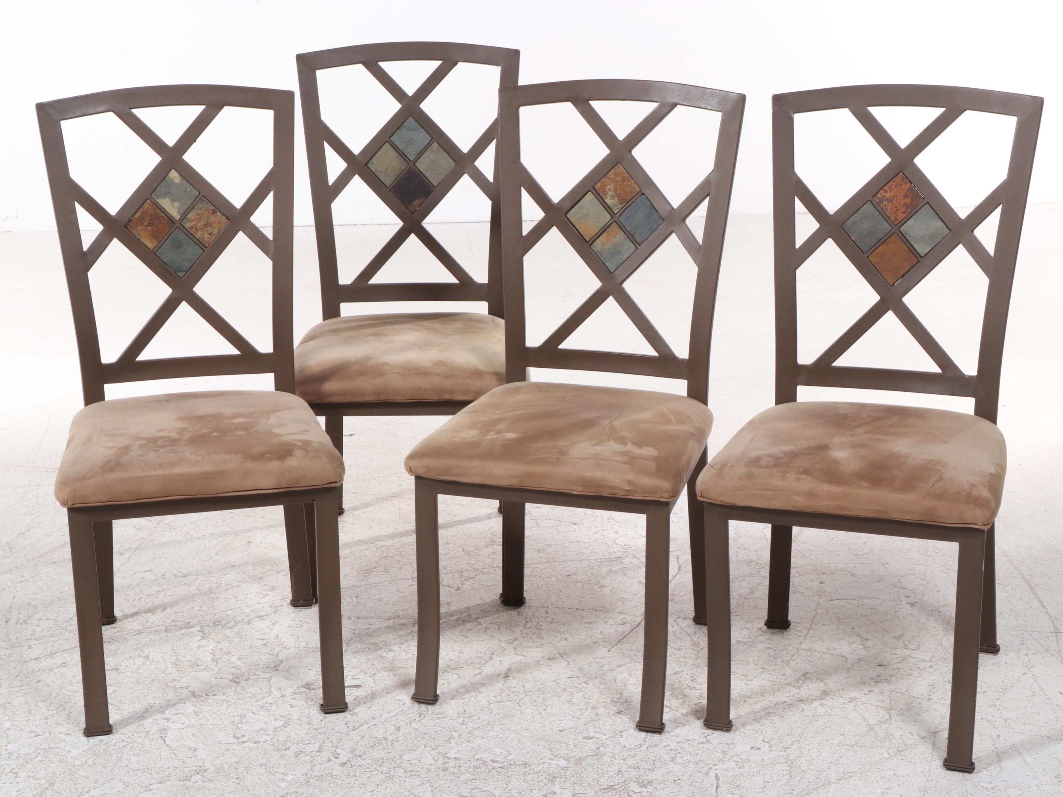 Contemporary Stone-Inlaid Glass-Top Metal Dinette Table and Four Chairs