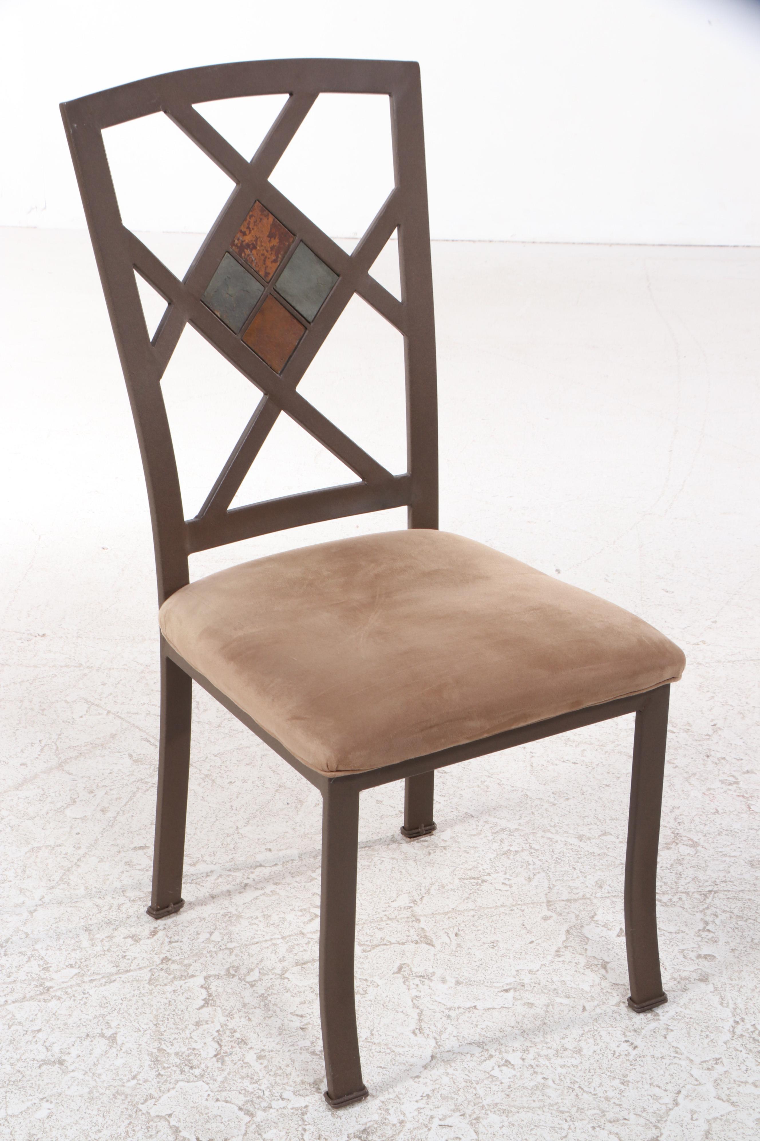 Contemporary Stone-Inlaid Glass-Top Metal Dinette Table and Four Chairs