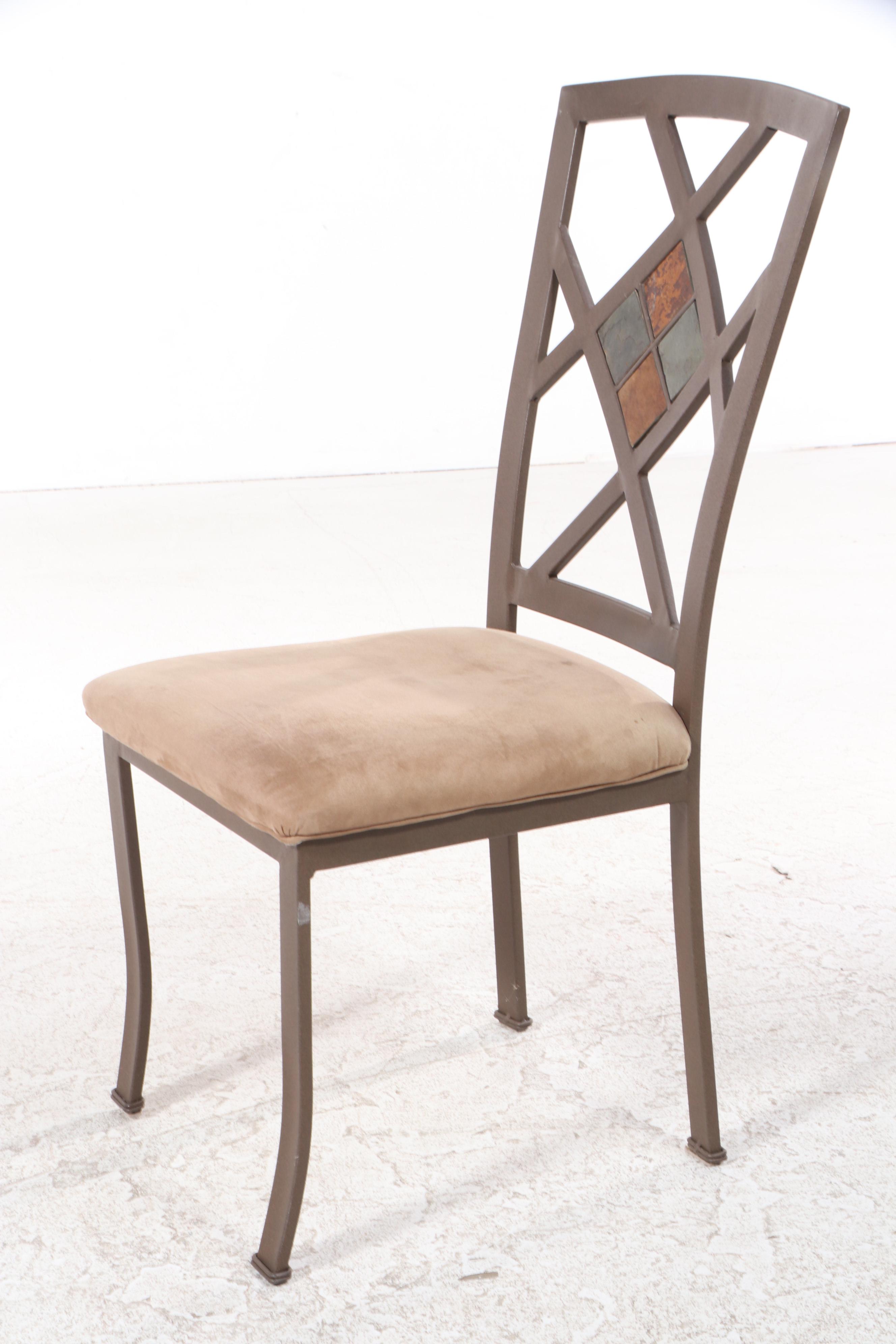 Contemporary Stone-Inlaid Glass-Top Metal Dinette Table and Four Chairs