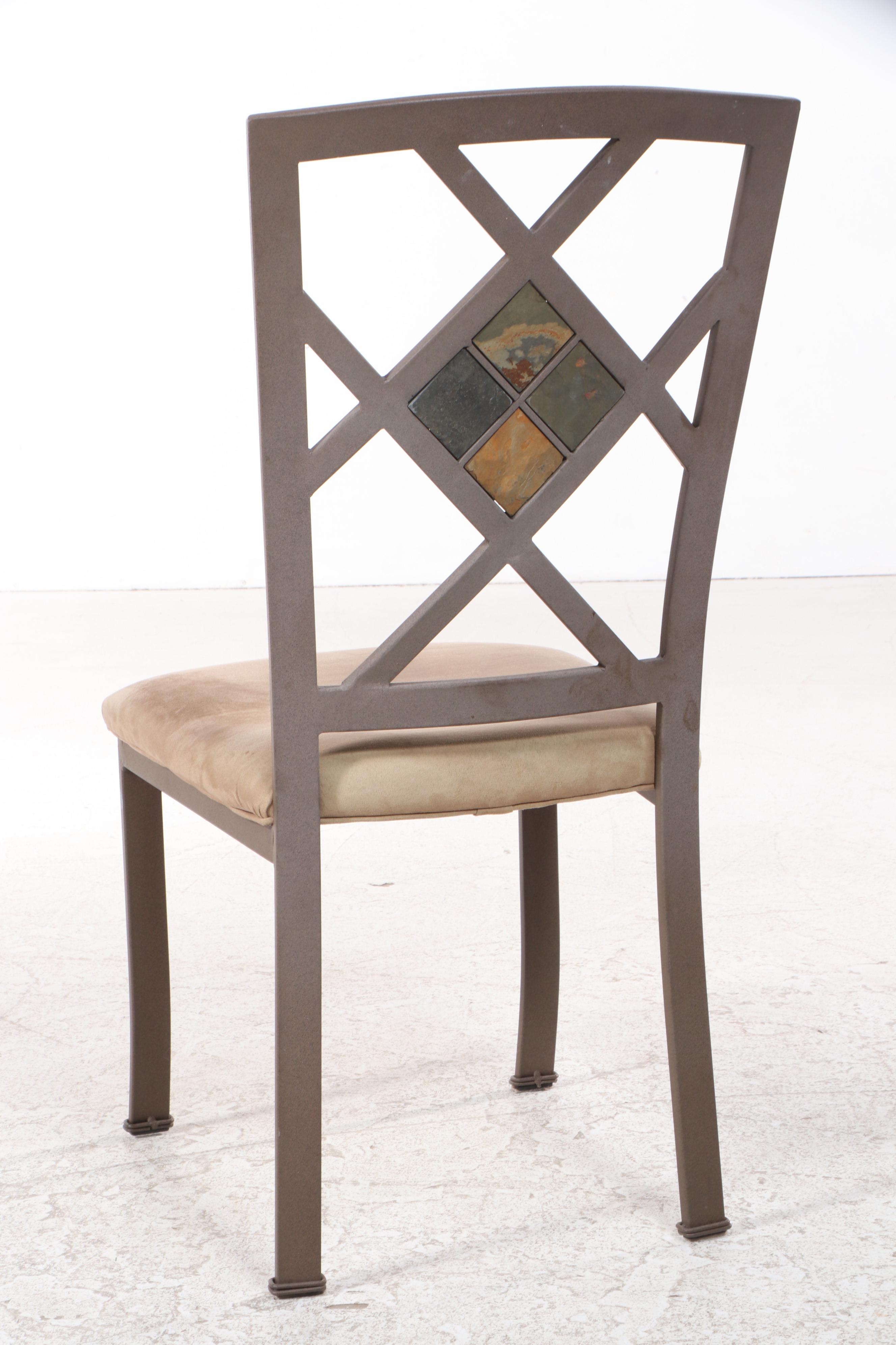 Contemporary Stone-Inlaid Glass-Top Metal Dinette Table and Four Chairs