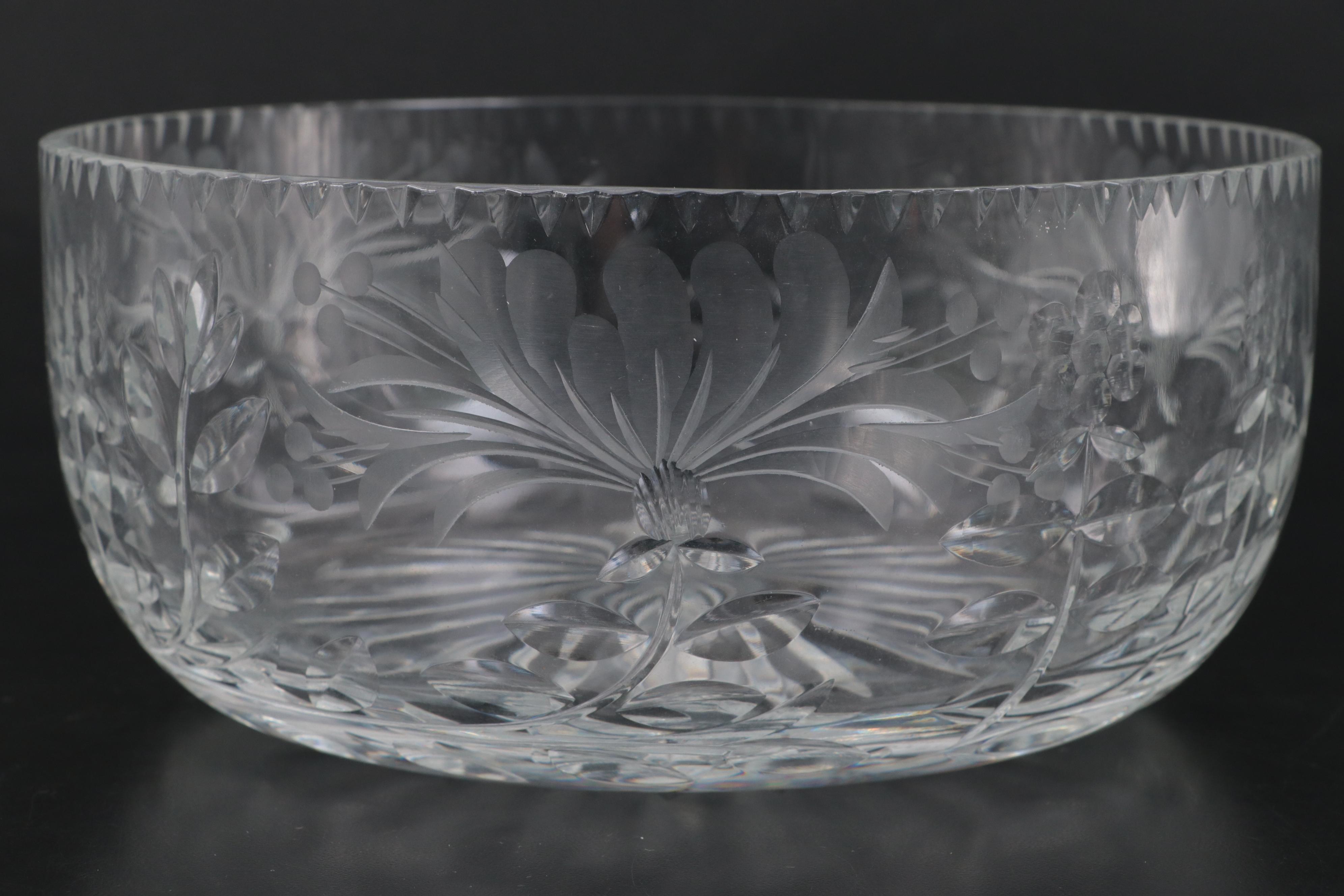 Wheel-Cut Glass Serving Bowl and Footed Vase