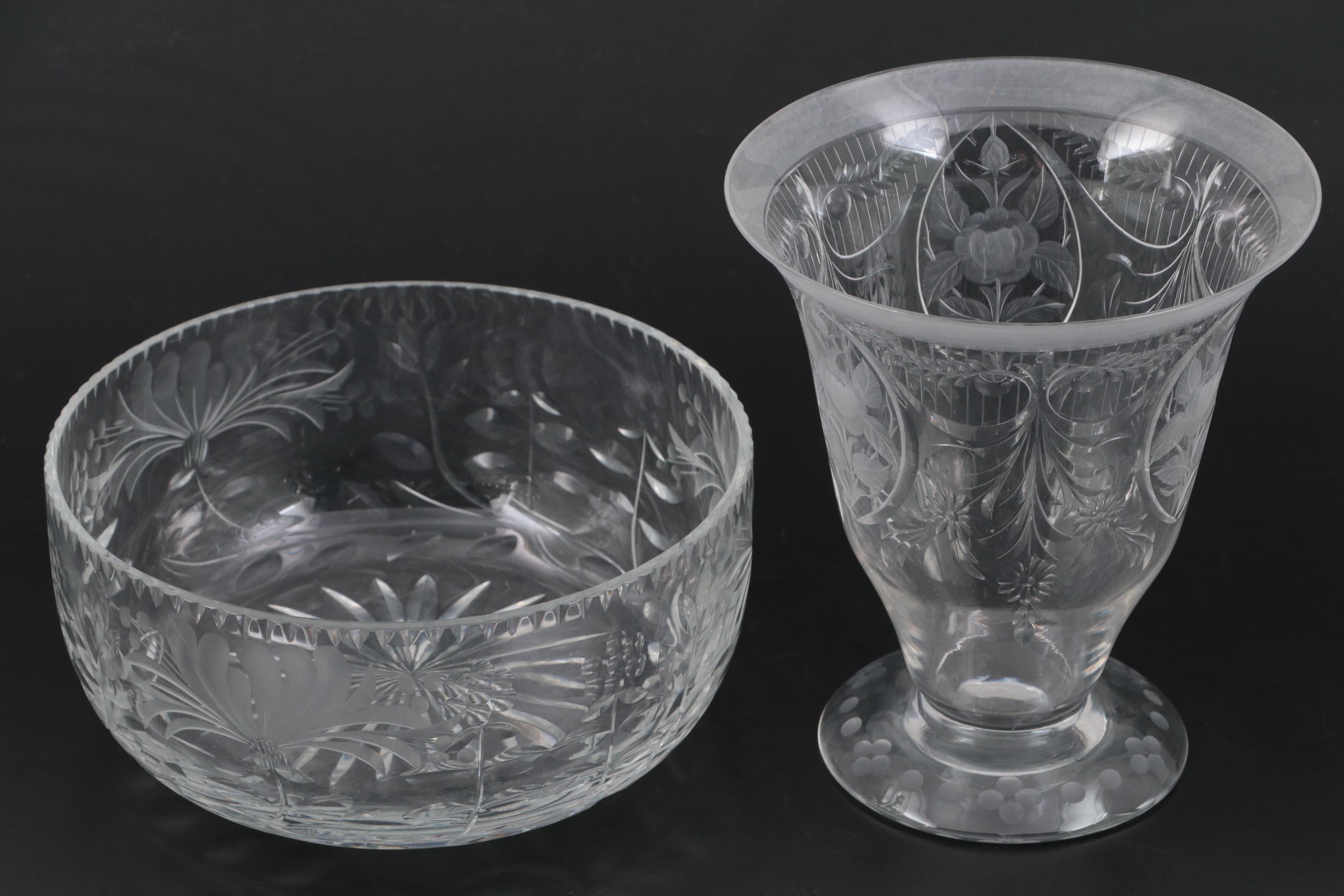 Wheel-Cut Glass Serving Bowl and Footed Vase