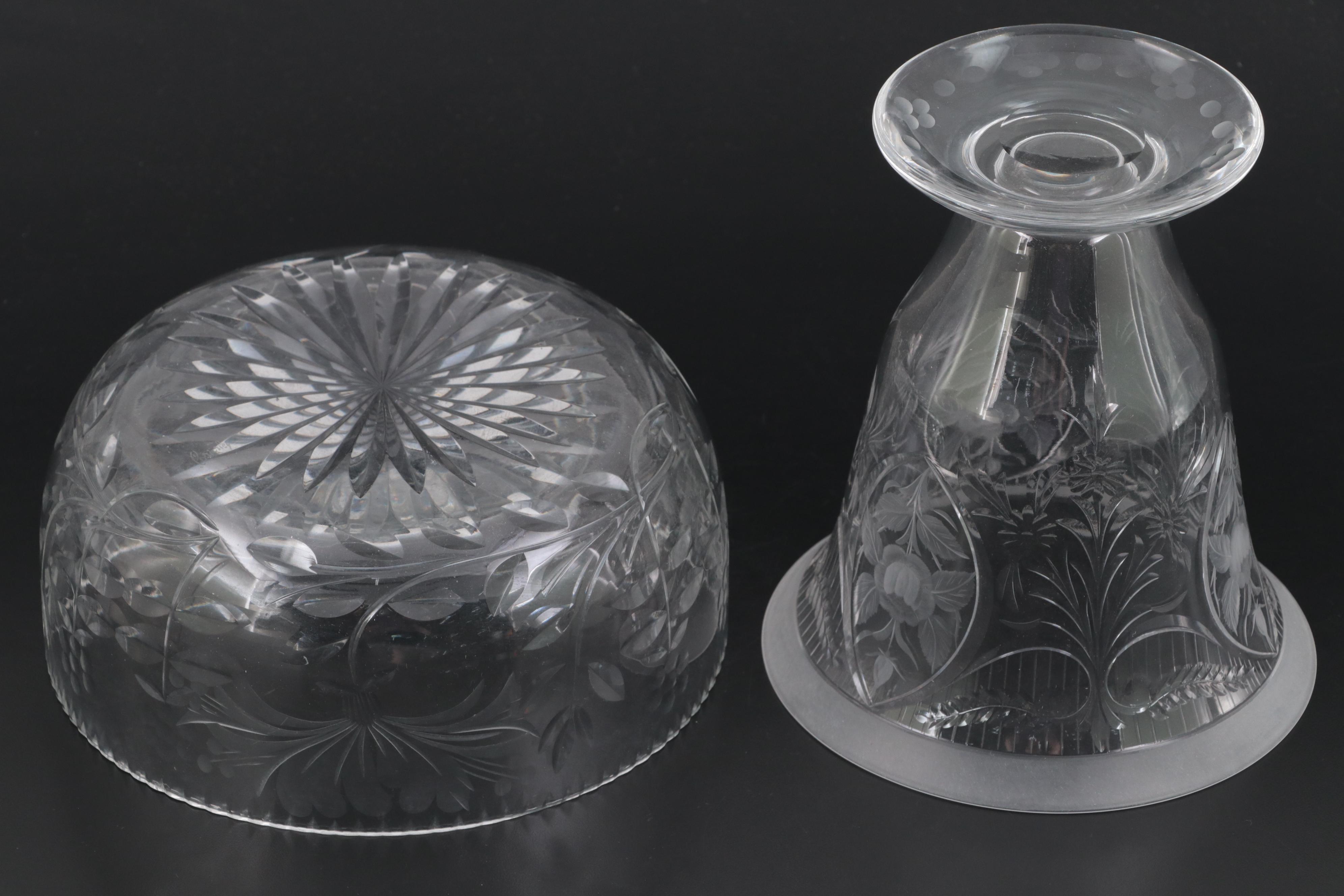 Wheel-Cut Glass Serving Bowl and Footed Vase