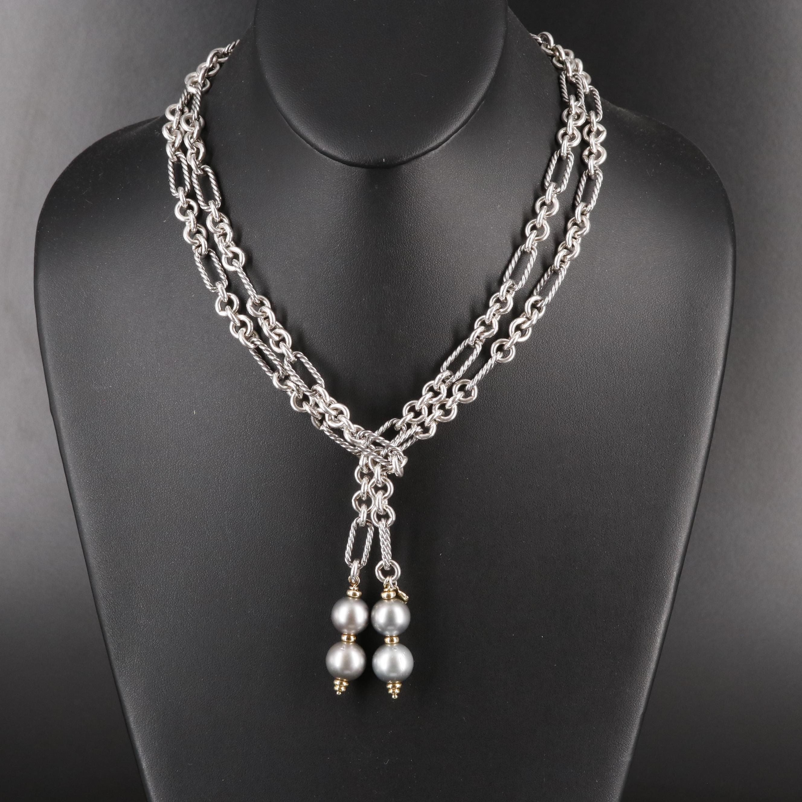 David Yurman Sterling and 18K  Pearl Lariat Necklace