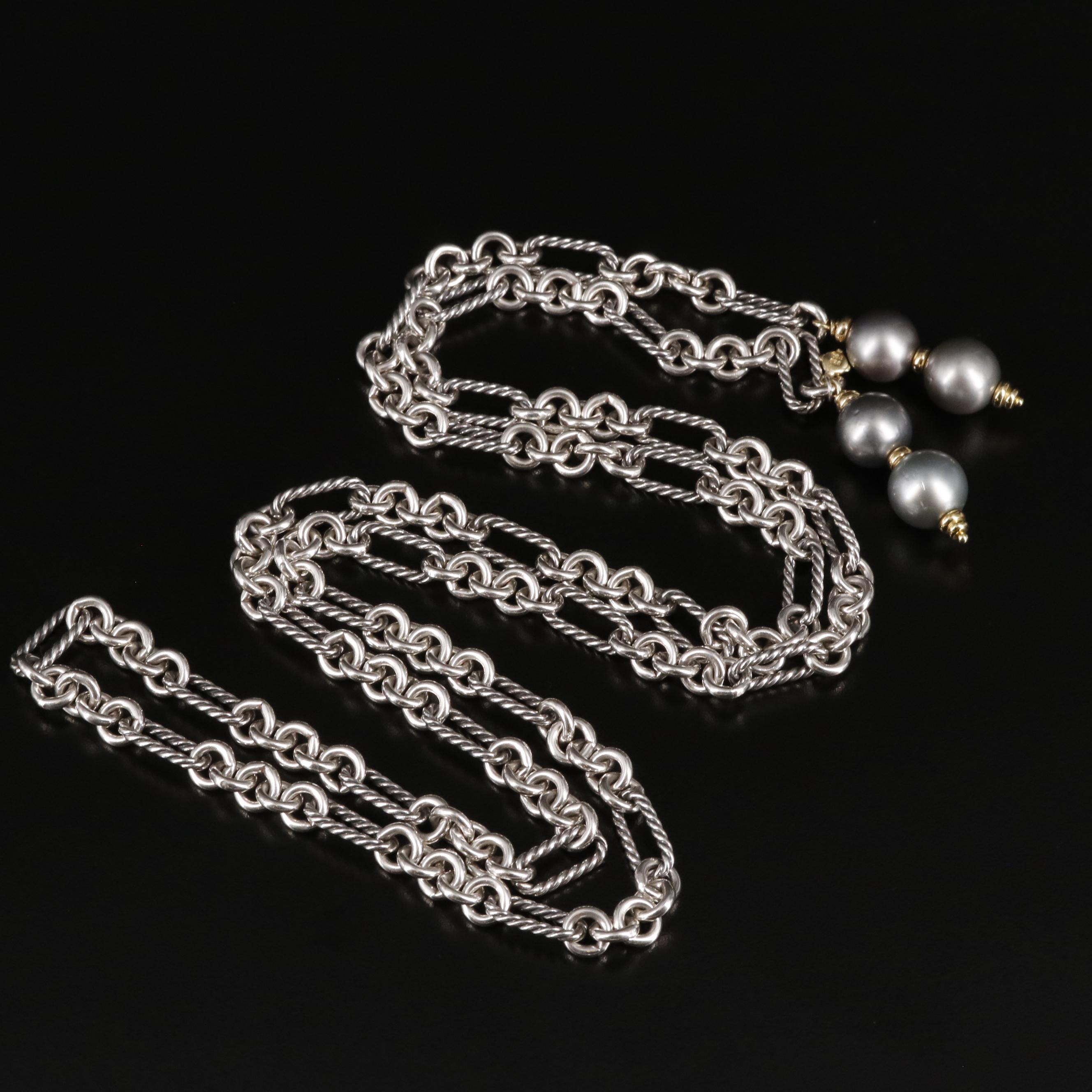 David Yurman Sterling and 18K  Pearl Lariat Necklace