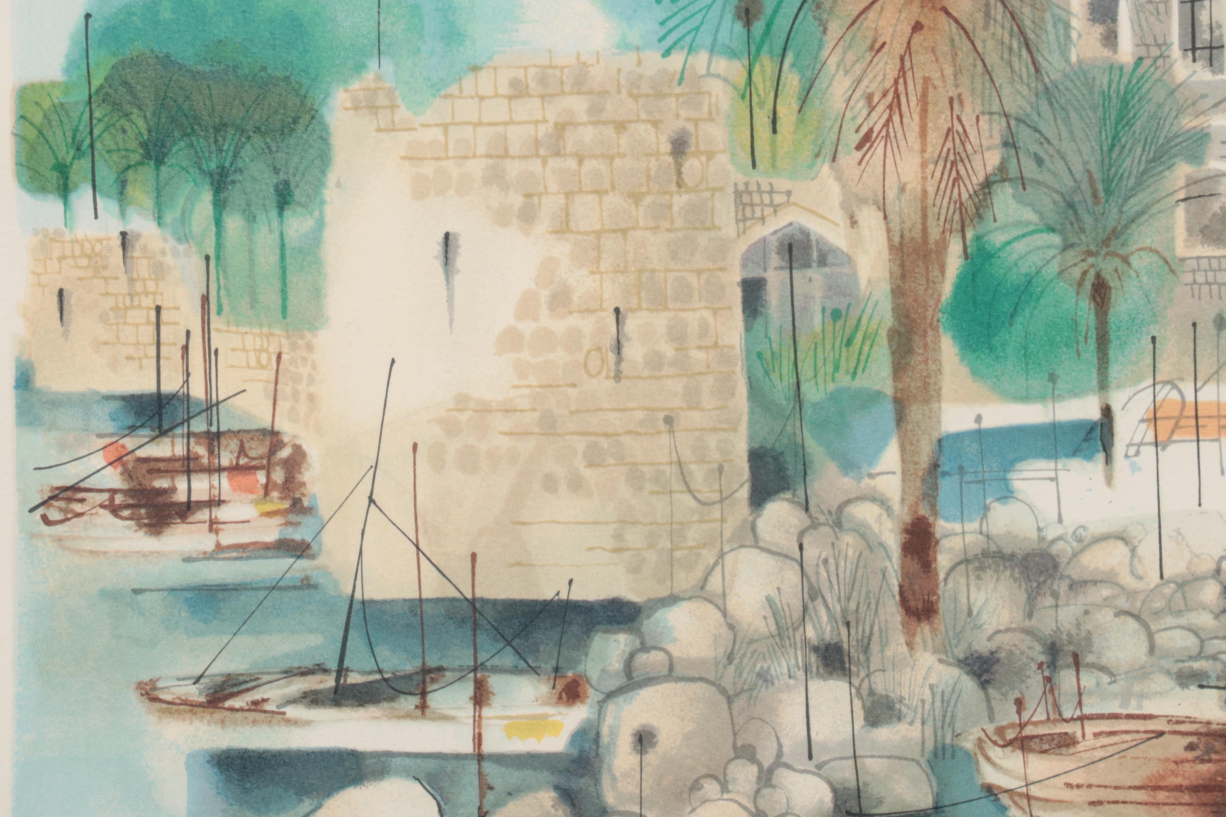 Shmuel Katz Lithograph of Israeli Harbor Scene
