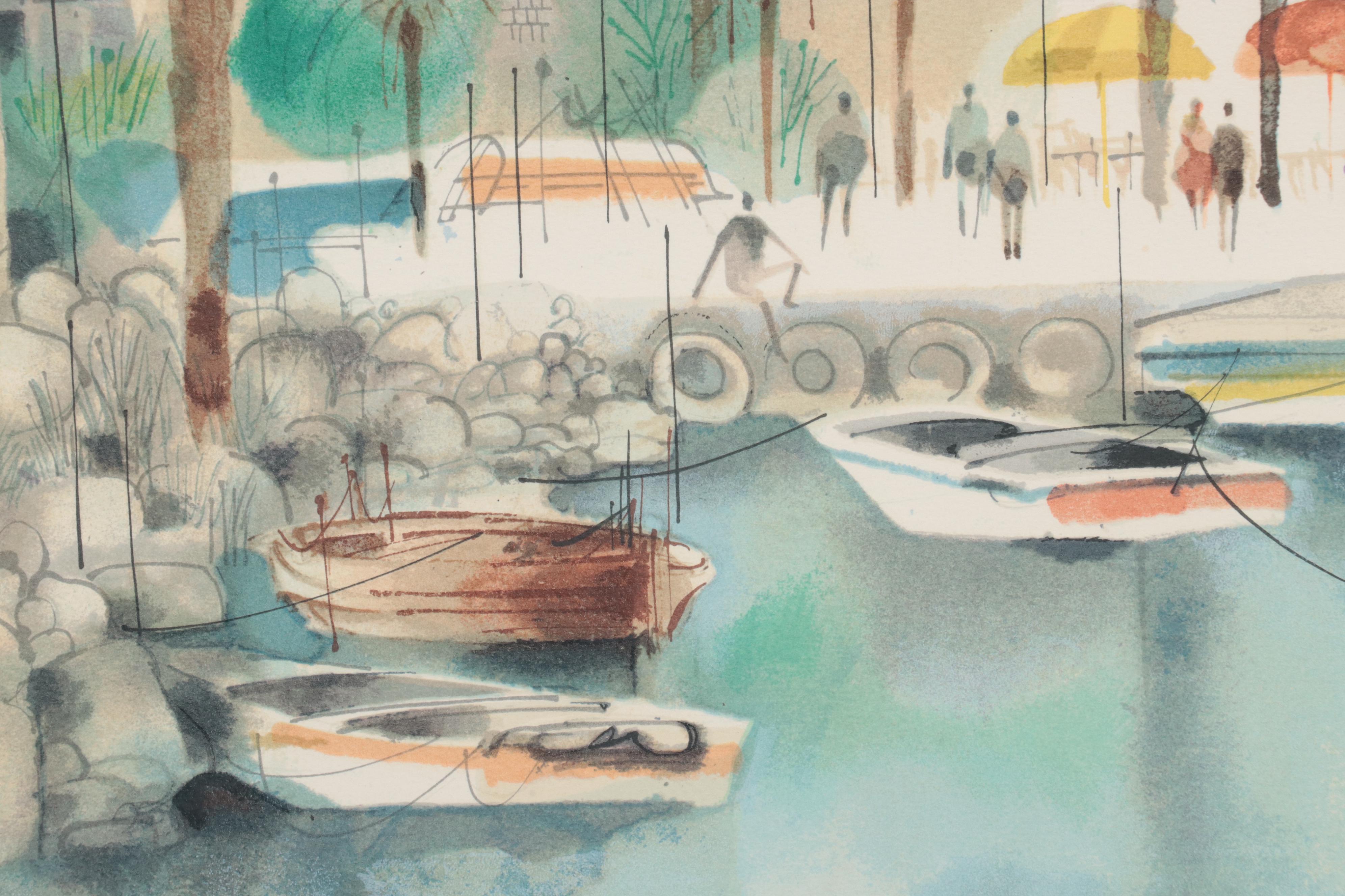 Shmuel Katz Lithograph of Israeli Harbor Scene