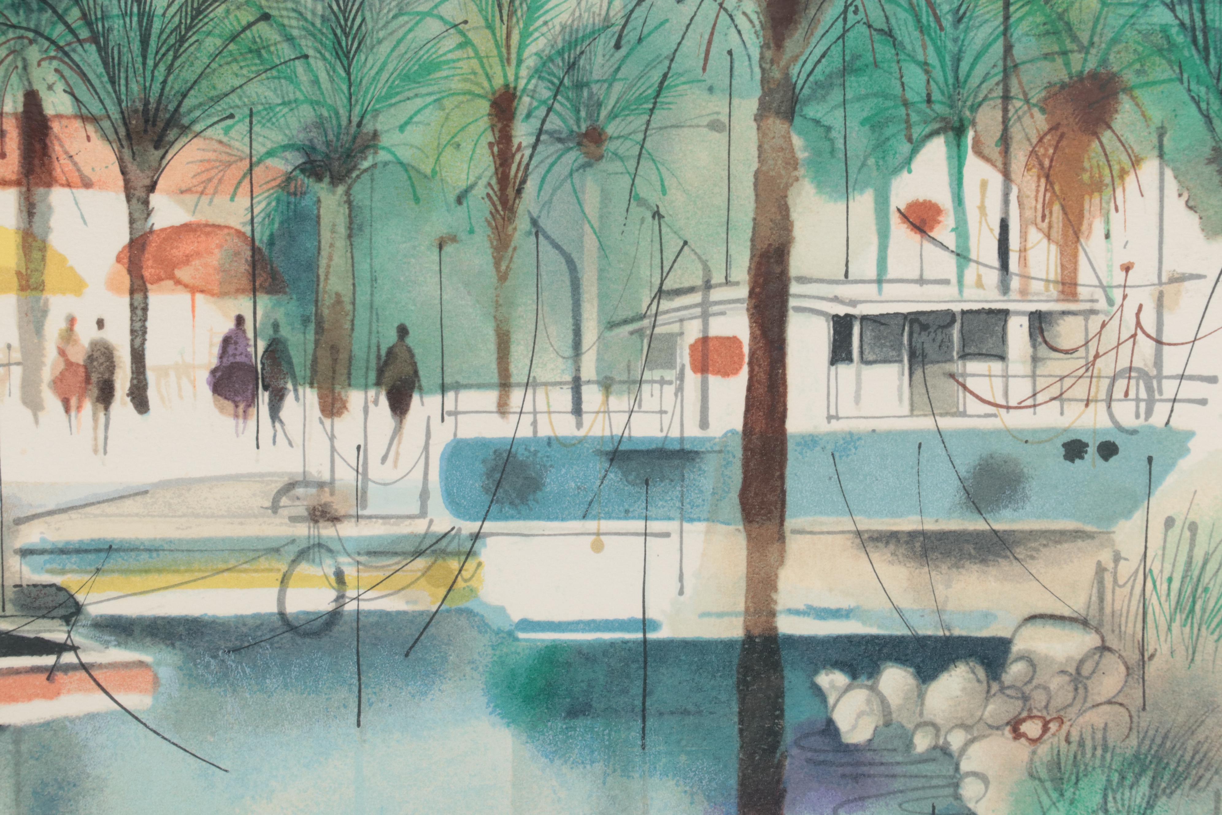 Shmuel Katz Lithograph of Israeli Harbor Scene