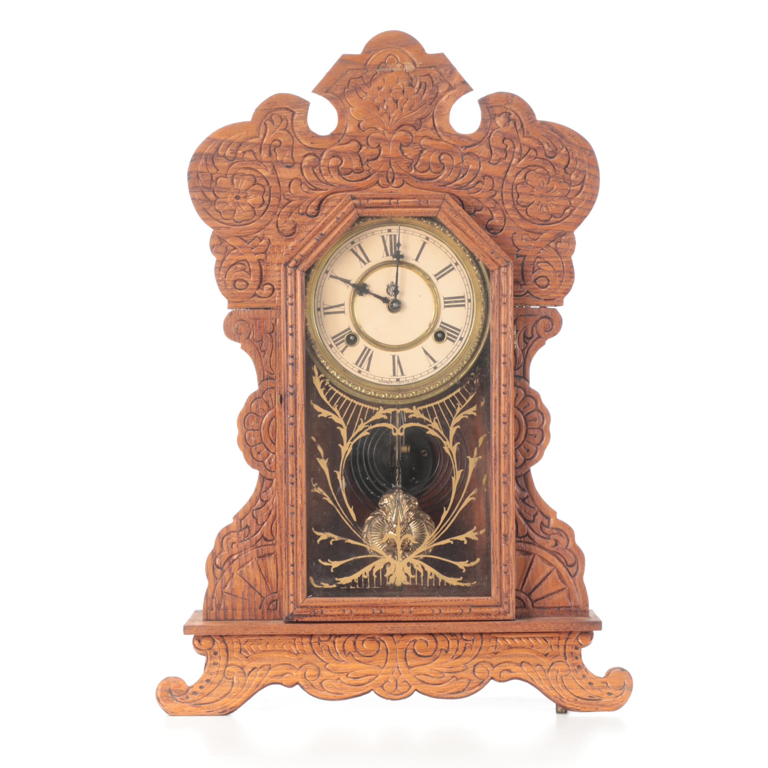Waterbury Clock Co. Ornate Carved Oak Gingerbread Style Shelf Clock