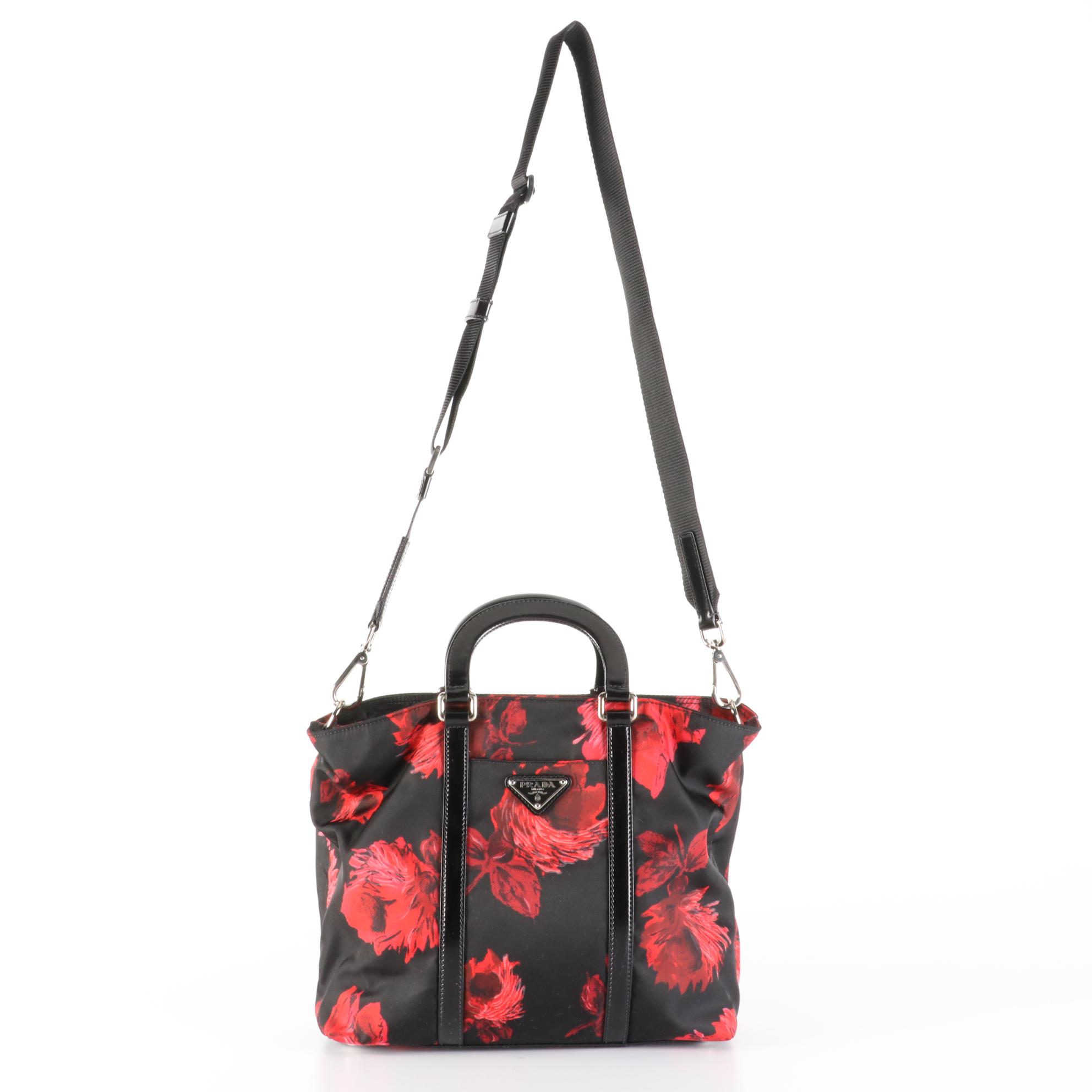 Prada NY ST. Rose Shop Tote in Tessuto Rose Print and Polished Leather