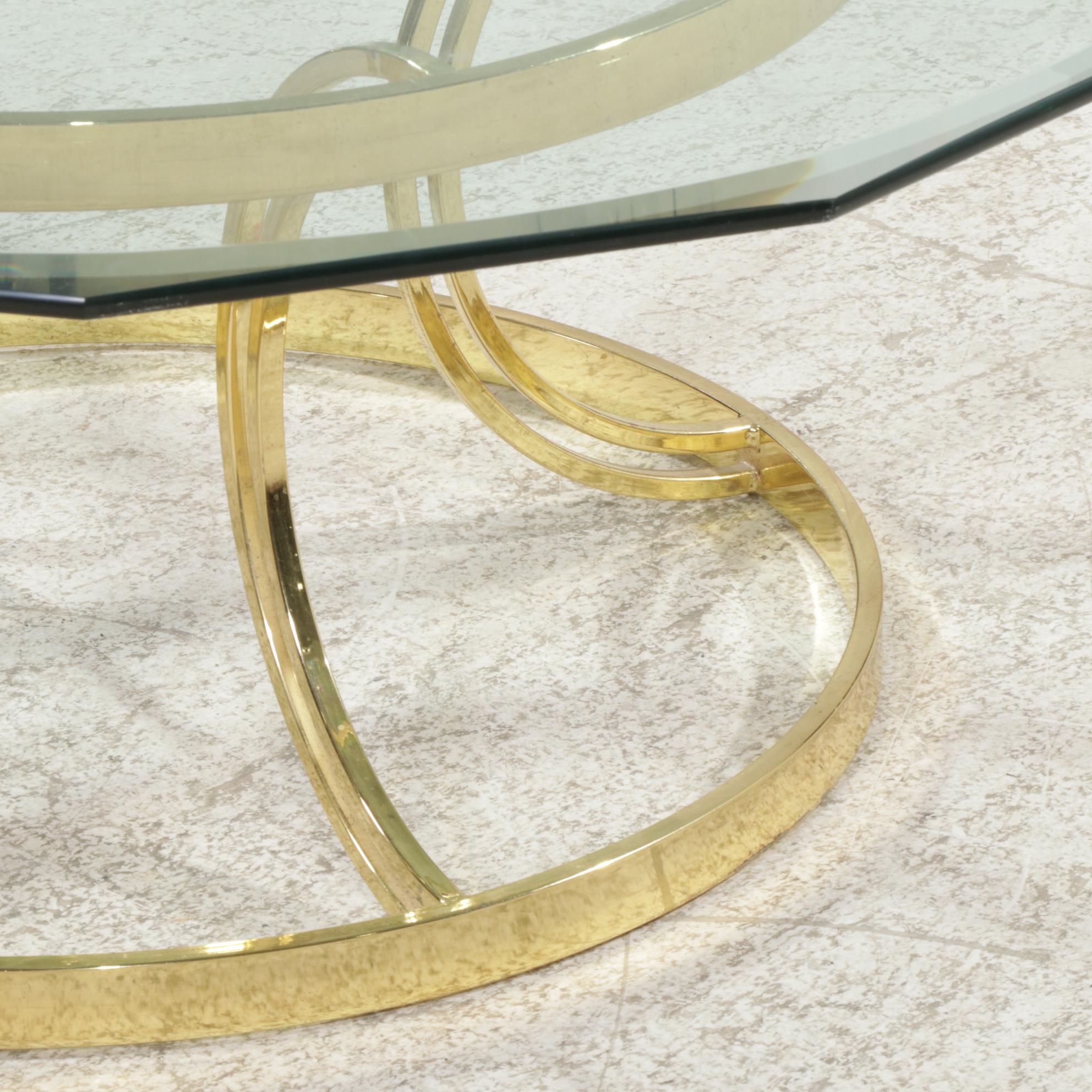 Circular Brass and Dodecagonal Beveled Glass Top Coffee Table