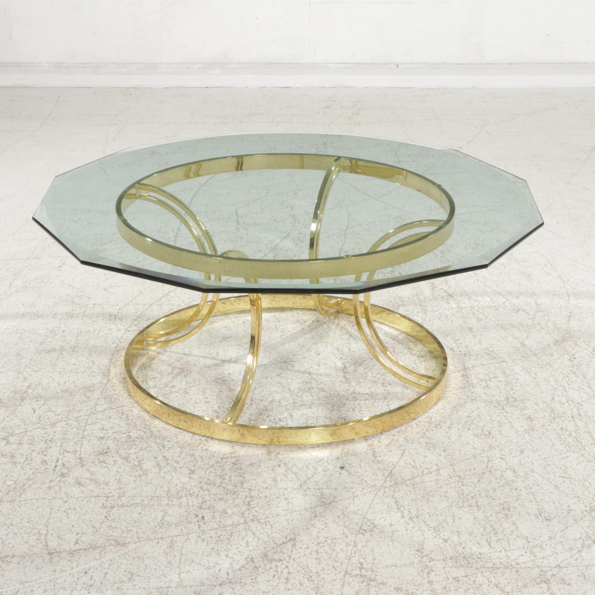 Circular Brass and Dodecagonal Beveled Glass Top Coffee Table