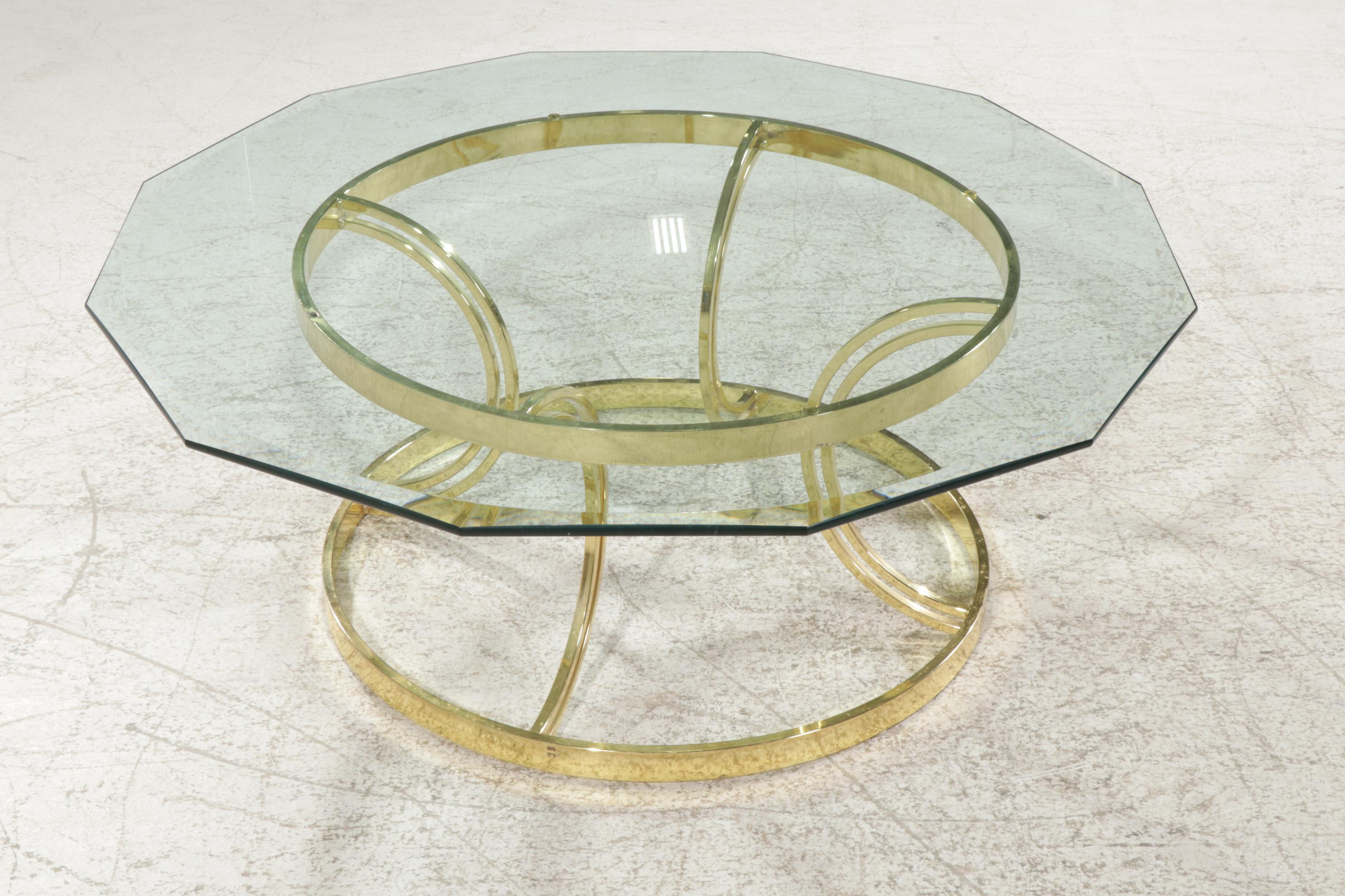 Circular Brass and Dodecagonal Beveled Glass Top Coffee Table