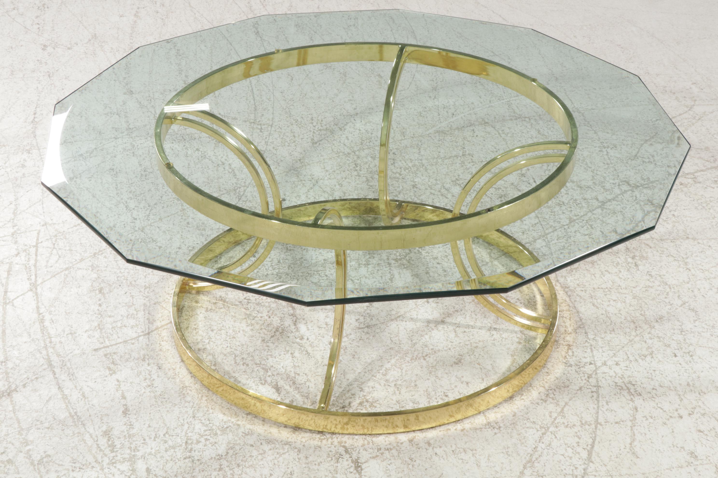 Circular Brass and Dodecagonal Beveled Glass Top Coffee Table