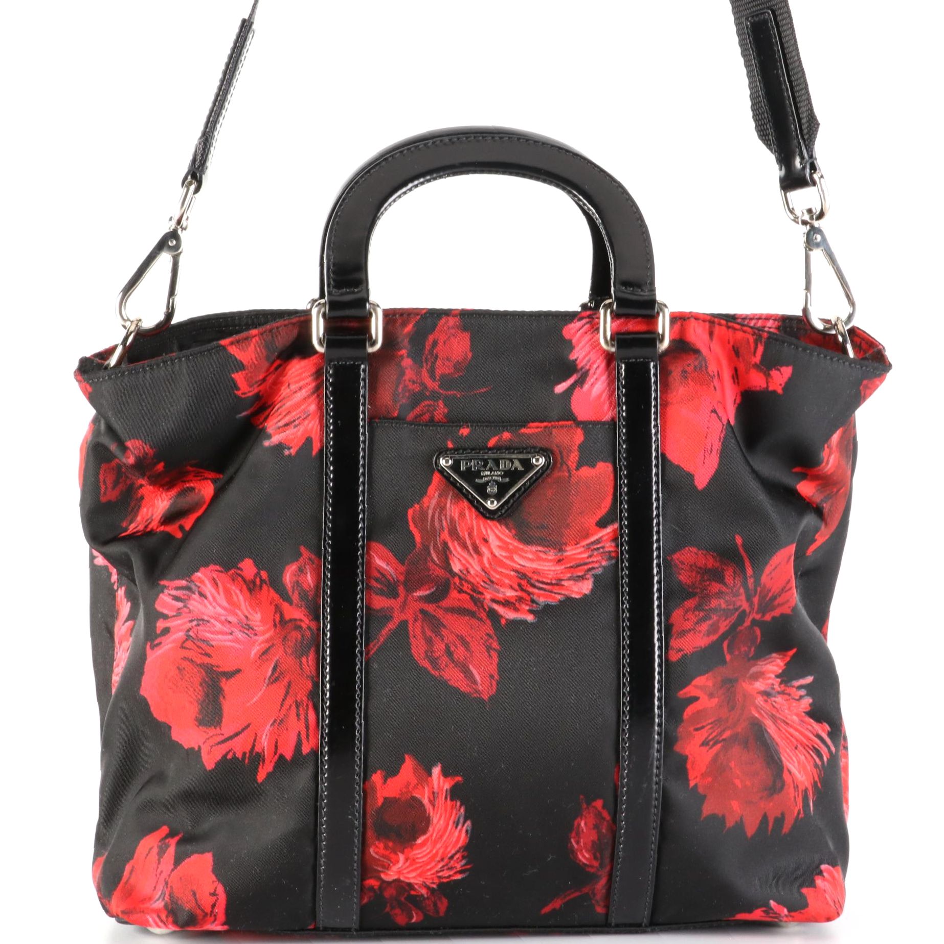 Prada NY ST. Rose Shop Tote in Tessuto Rose Print and Polished Leather