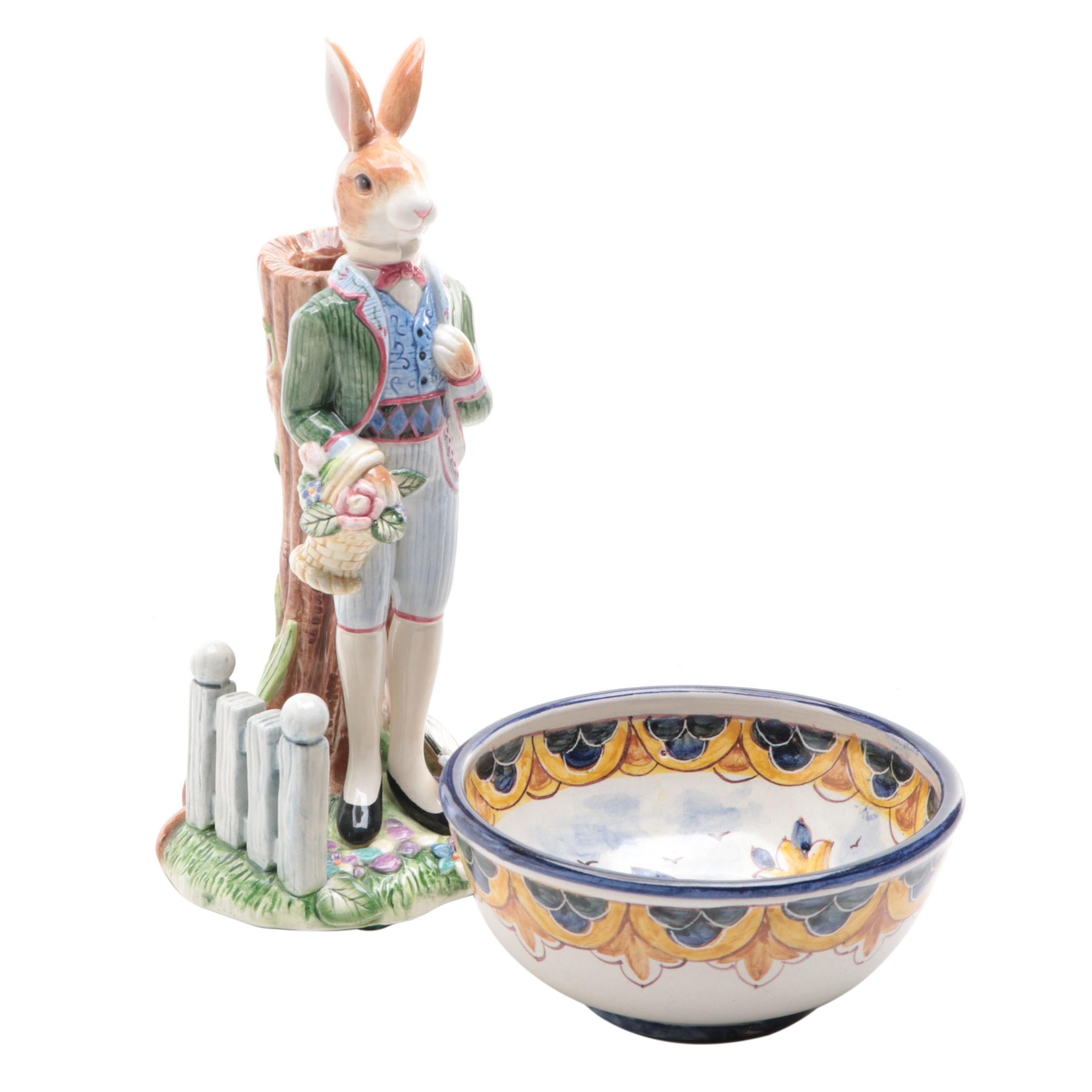 Fitz and Floyd Old World Rabbit Candle Holder with Hand-Painted Pottery Bowl
