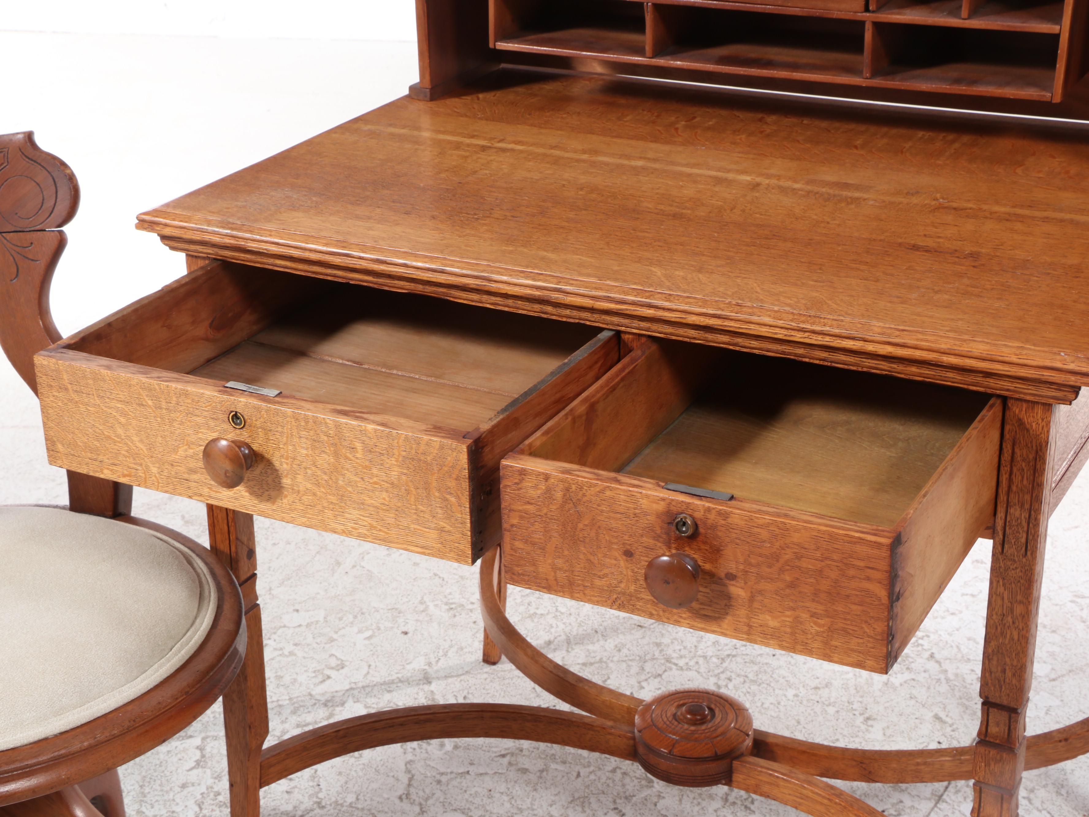Victorian Walnut Office Chair, Oak Writing Table and Later Wooden Desk Organizer
