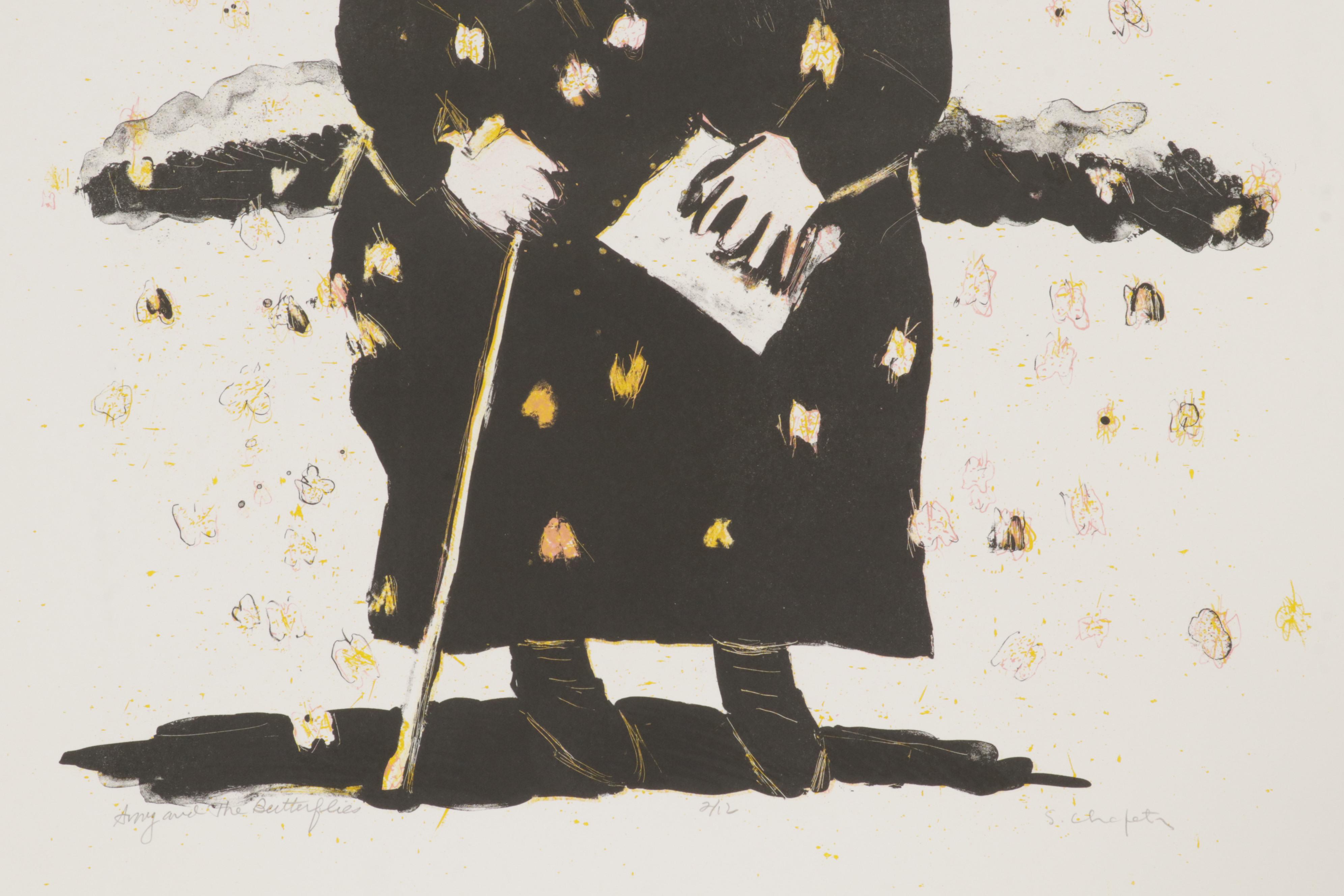 Sidney Chafetz Color Lithograph "Amy and the Butterflies," 1985
