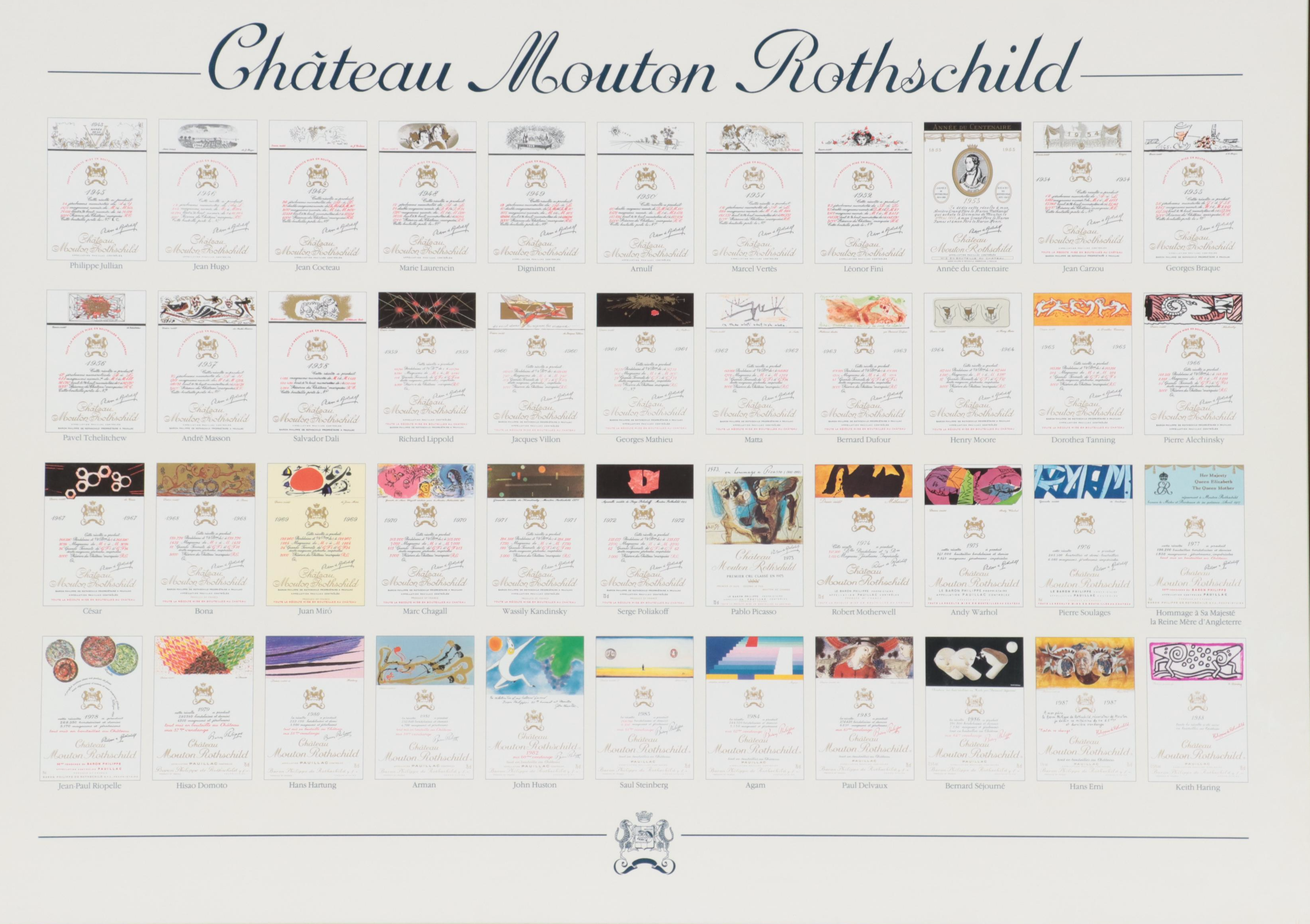 Offset Lithograph of Château Mouton Rothschild Wine Labels Poster