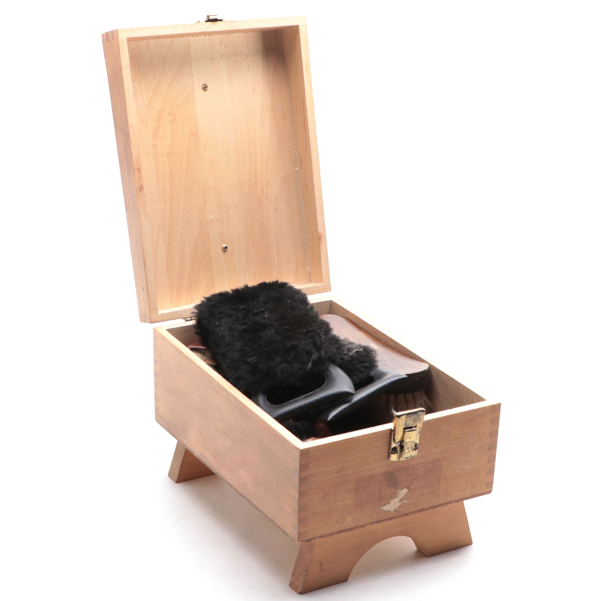 Box Dovetailed Birch Shoe-Shine Kit with Buffers and Brushes