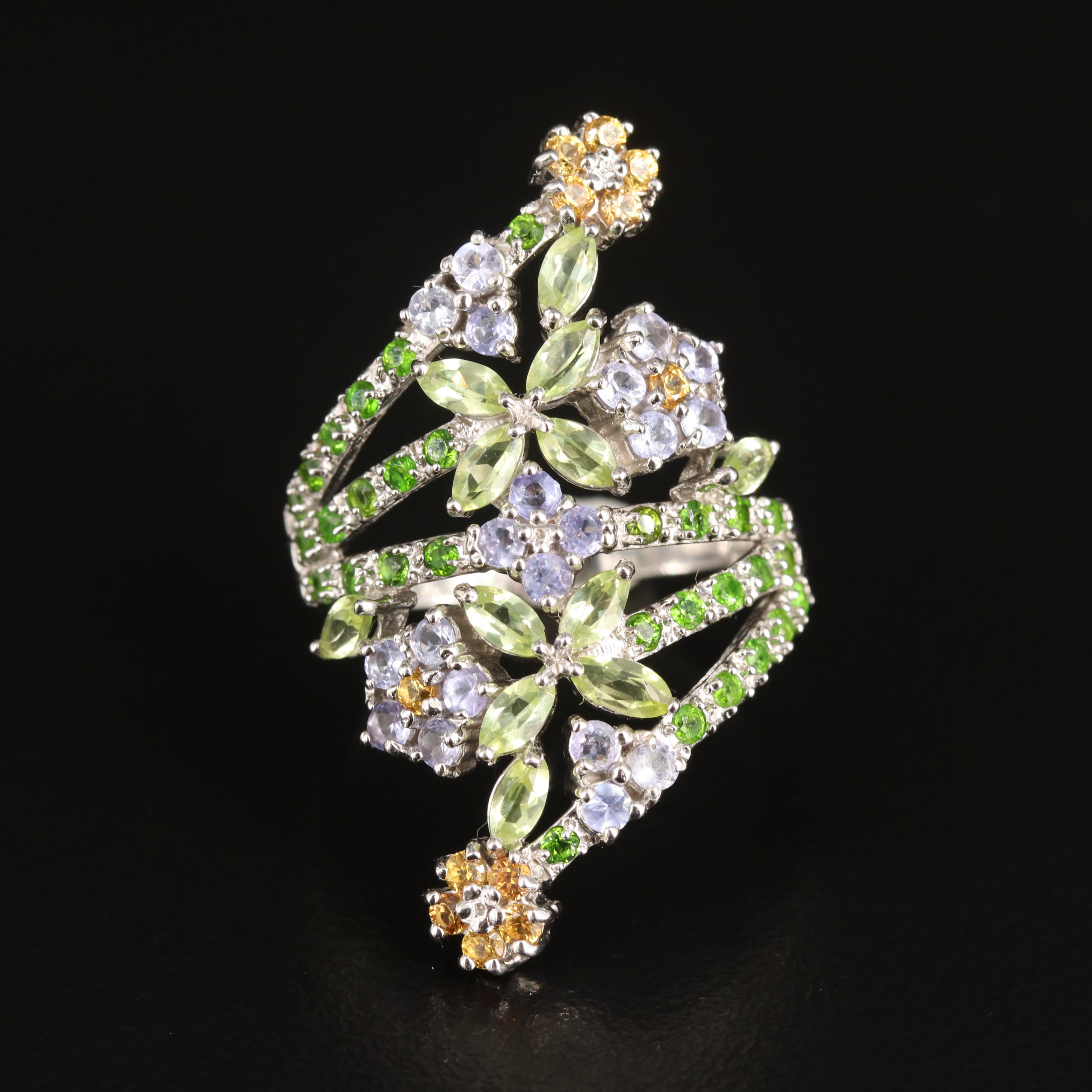 Sterling Gemstone Flower Bypass Ring