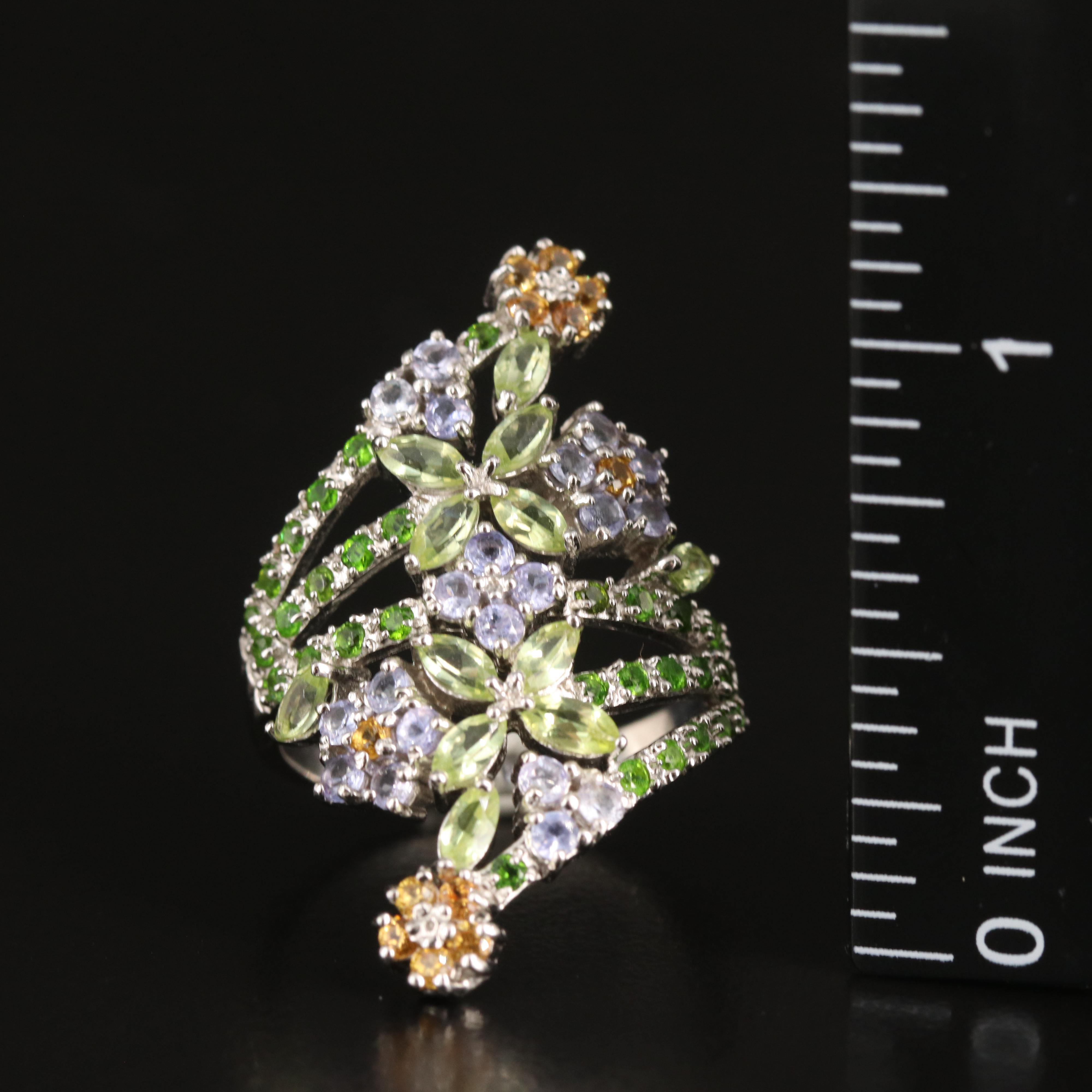 Sterling Gemstone Flower Bypass Ring