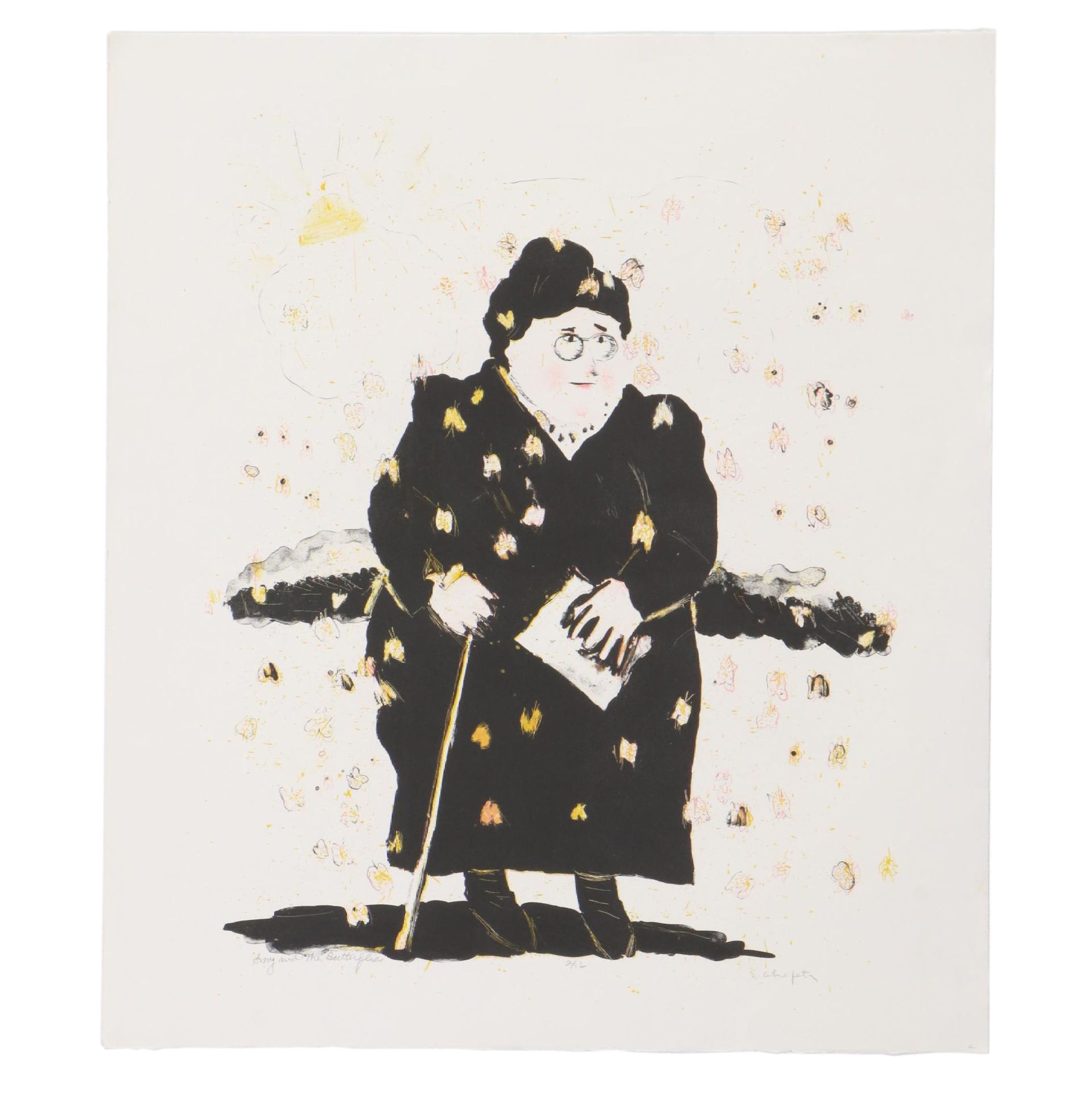 Sidney Chafetz Color Lithograph "Amy and the Butterflies," 1985