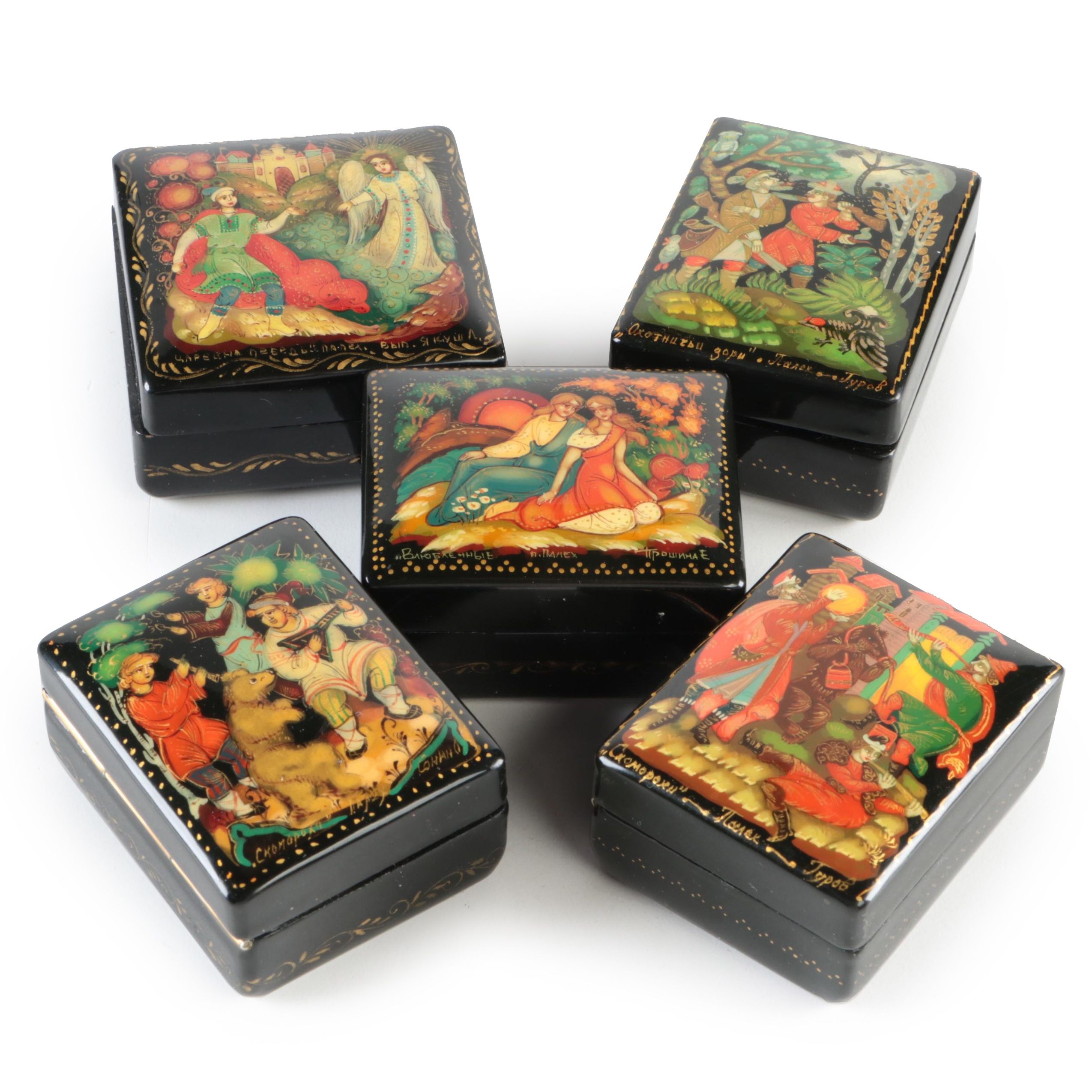 Russian Palekh Hand-Painted Folktale Lacquerware Boxes