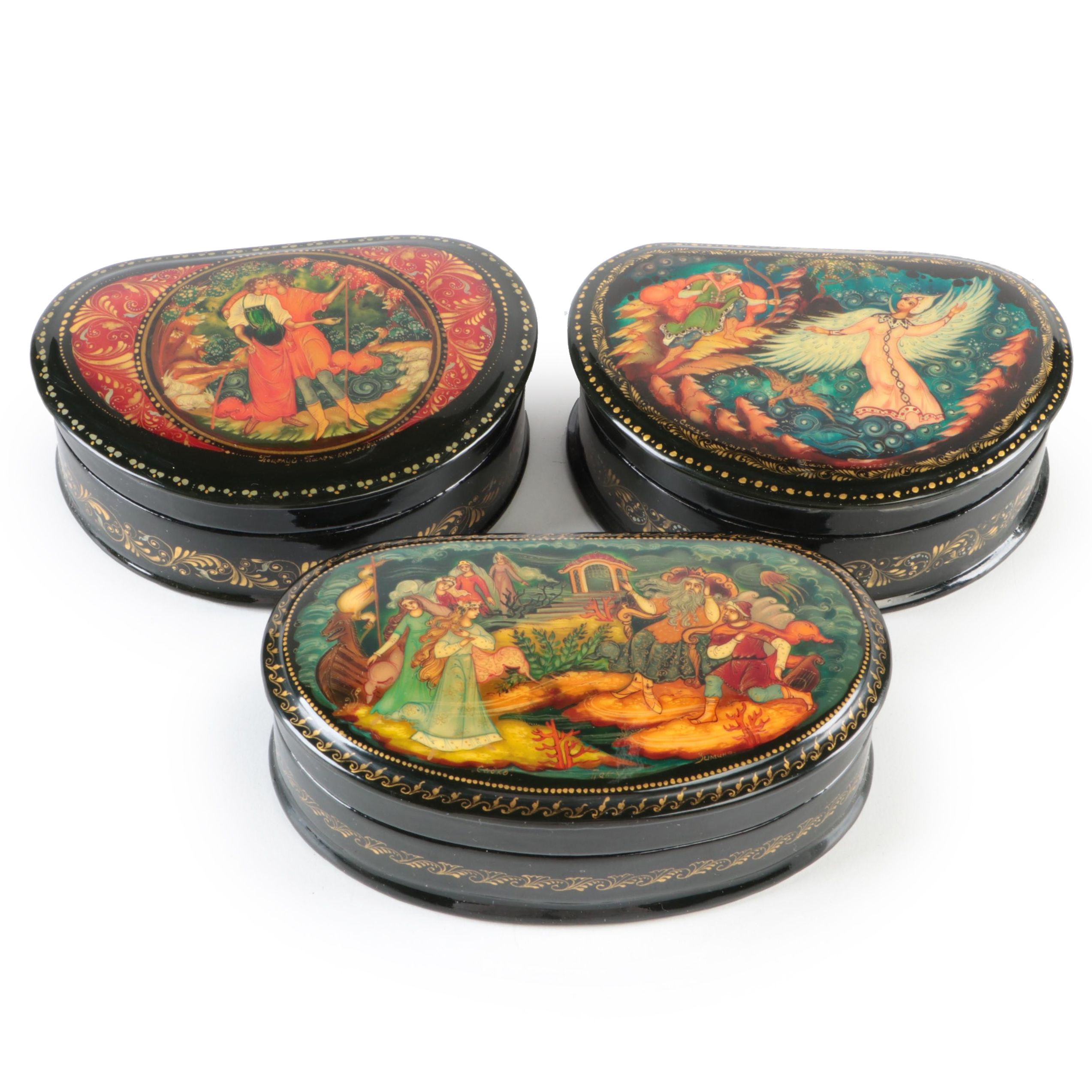 Russian Palekh "Kiss" and Other Painted Miniature Lacquerware Boxes