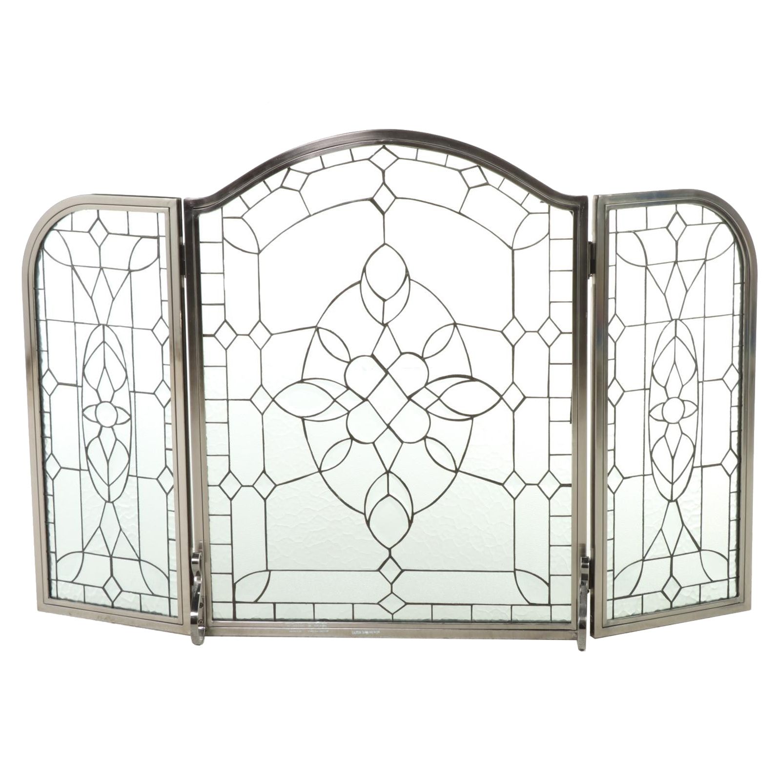 Brushed Metal and Leaded Glass Three-Panel Fireplace Screen