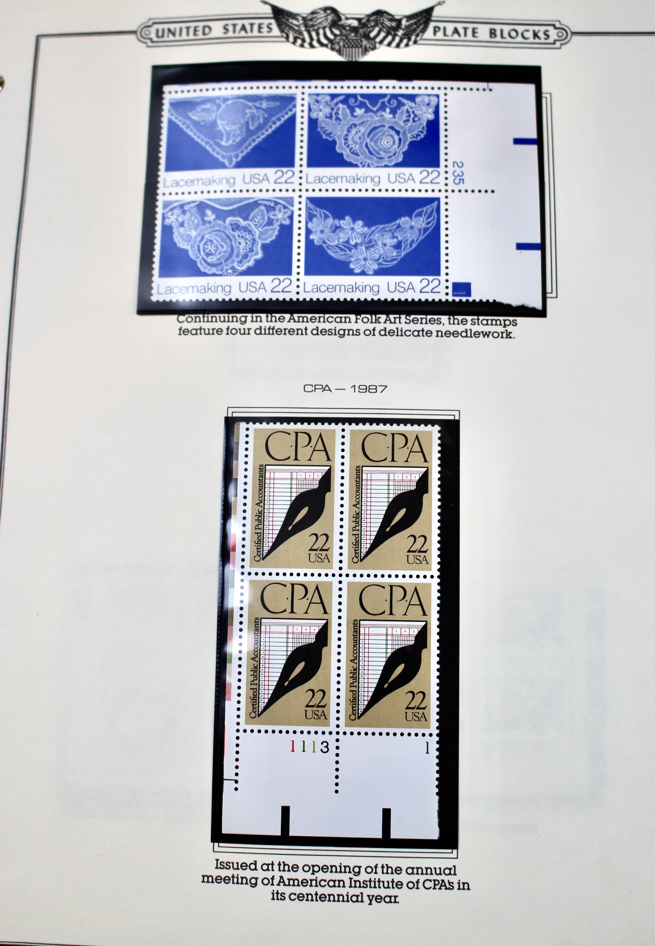 U.S. Postage Stamp Plate Block Collection, 1987 to 1995
