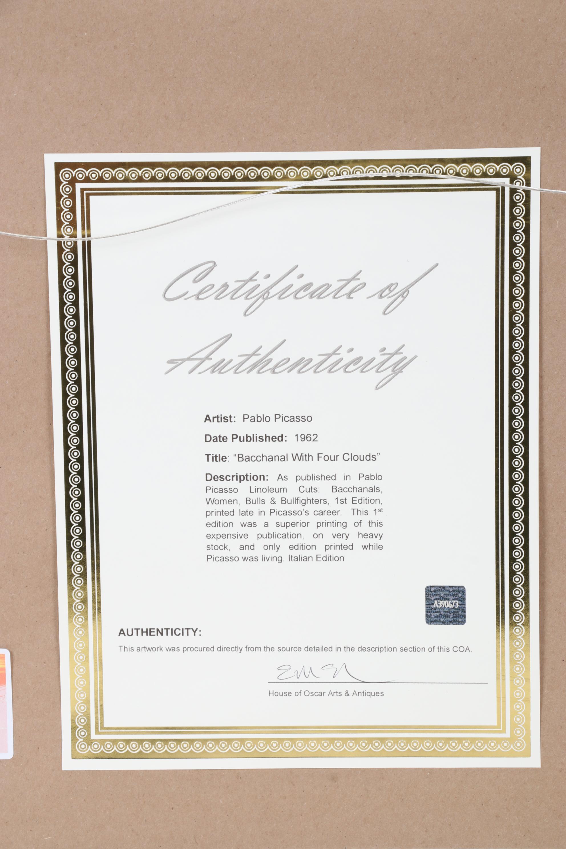 Pablo Picasso Color Linocut "Bacanal con cuatro nubes," 1962