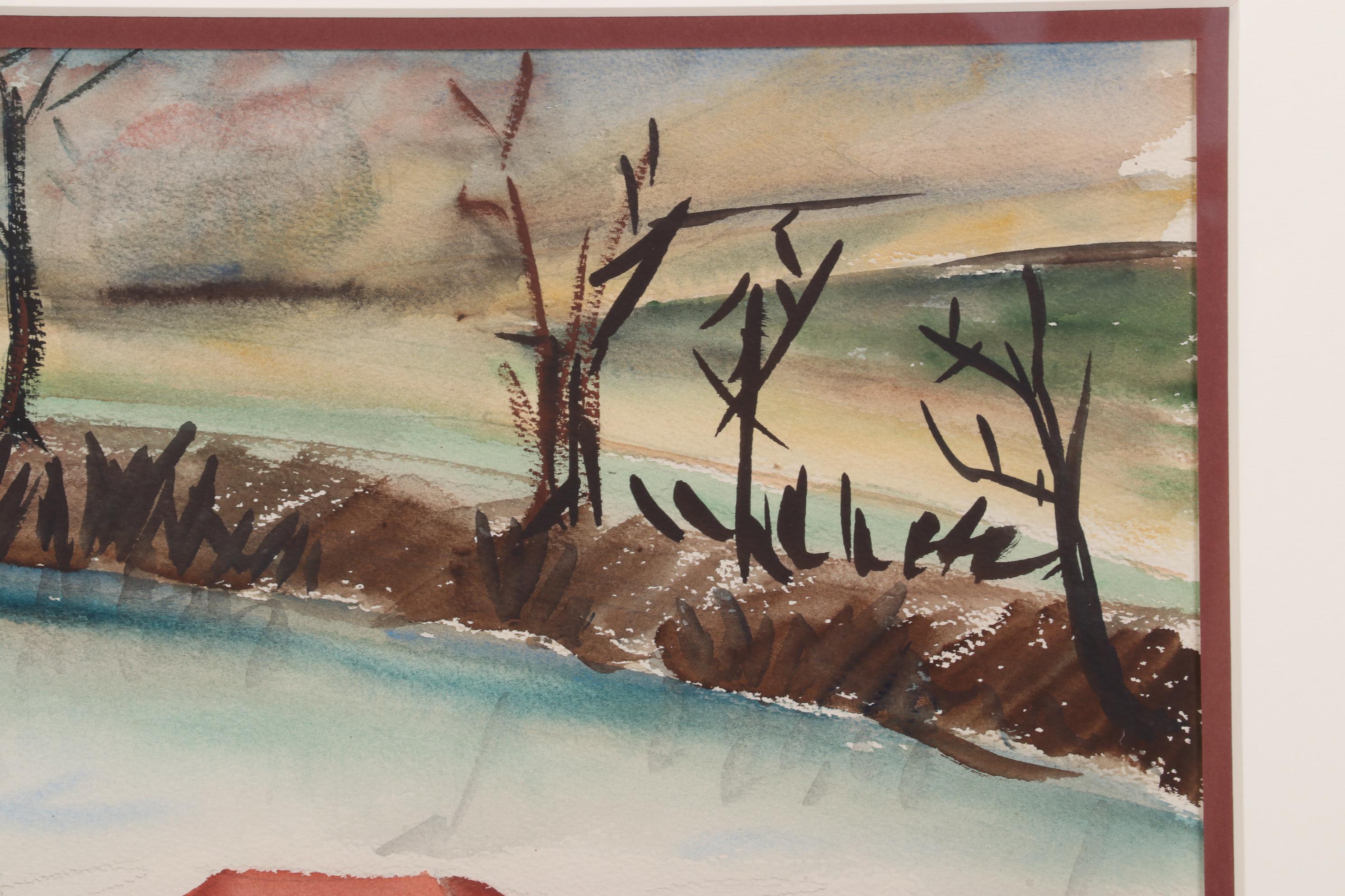 Emerson Burkhart Watercolor Painting of Rural Buildings, Mid-20th Century