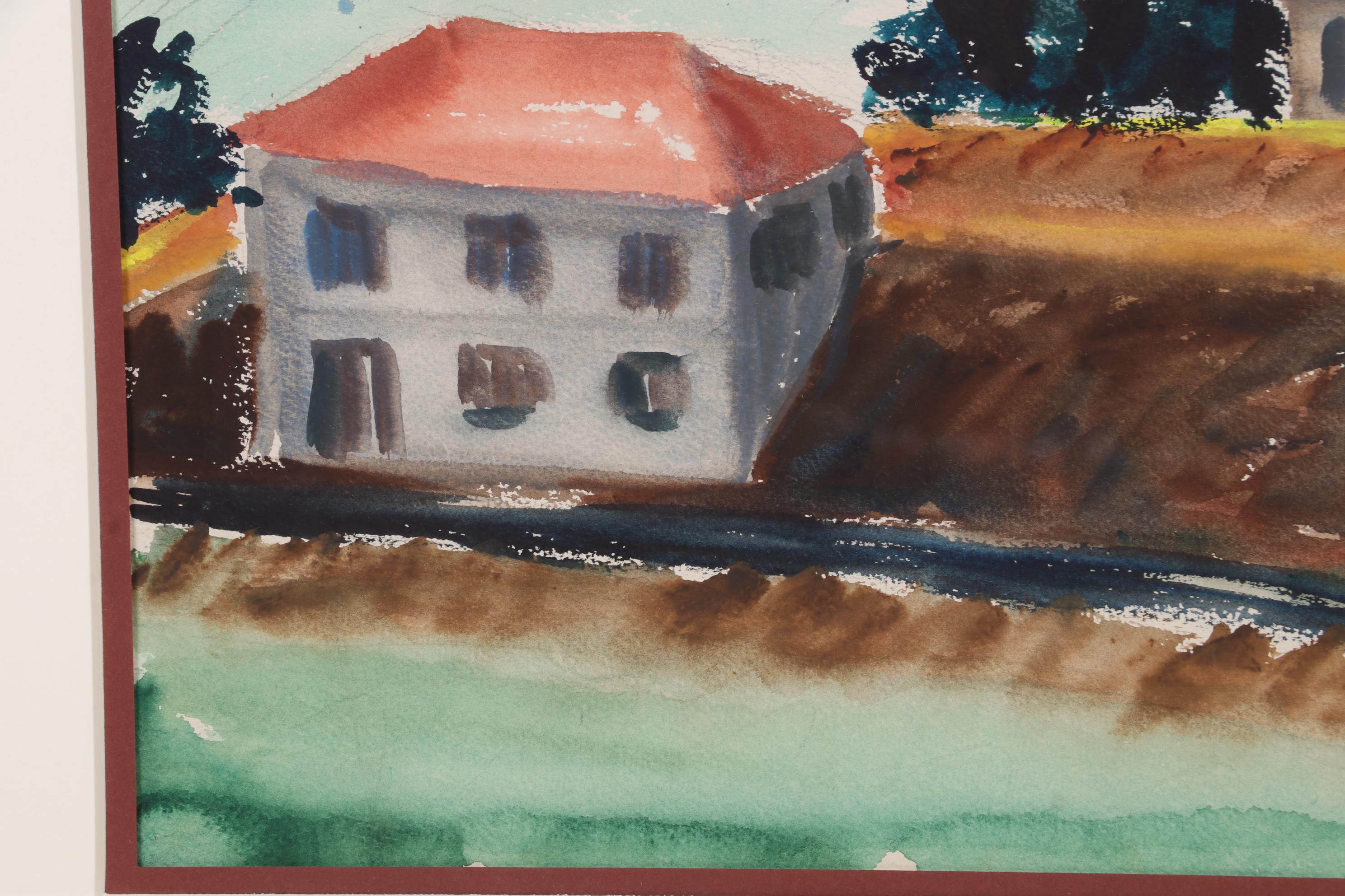 Emerson Burkhart Watercolor Painting of Rural Buildings, Mid-20th Century