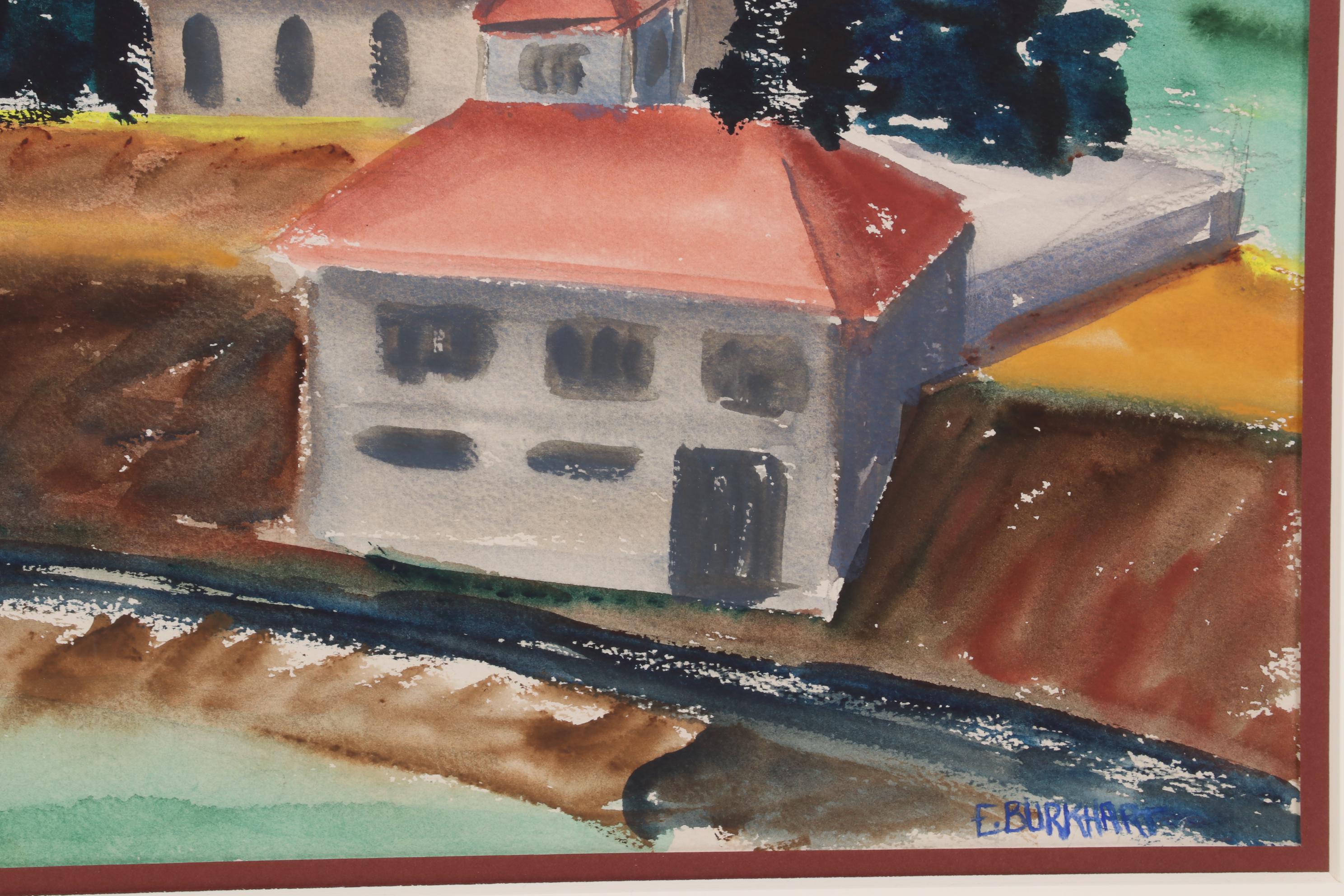Emerson Burkhart Watercolor Painting of Rural Buildings, Mid-20th Century