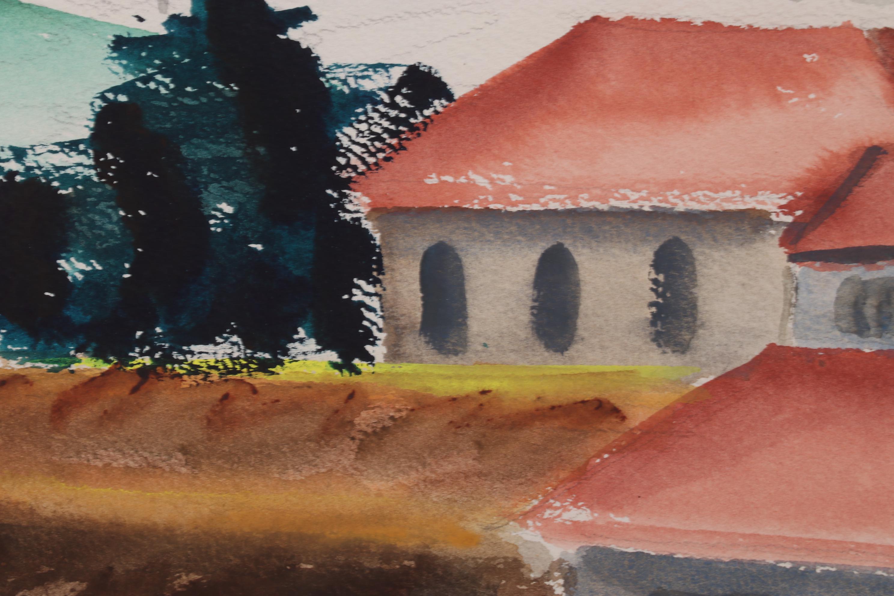Emerson Burkhart Watercolor Painting of Rural Buildings, Mid-20th Century