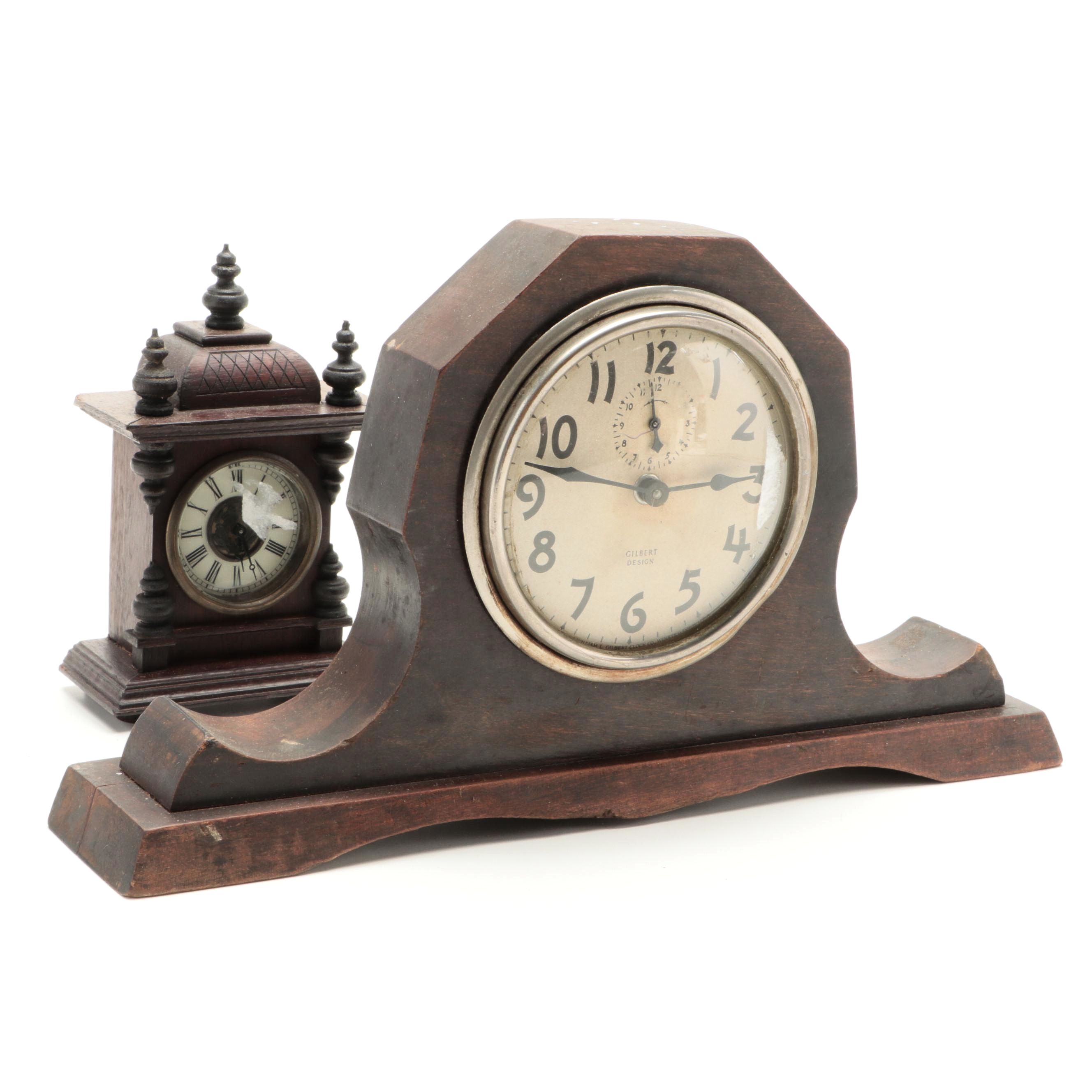 Gilbert Tambour Mantel Clock with Other Victorian Carved Wooden Clock