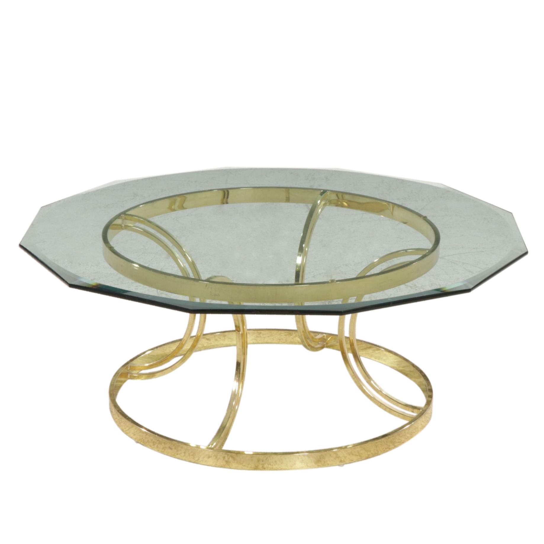 Circular Brass and Dodecagonal Beveled Glass Top Coffee Table